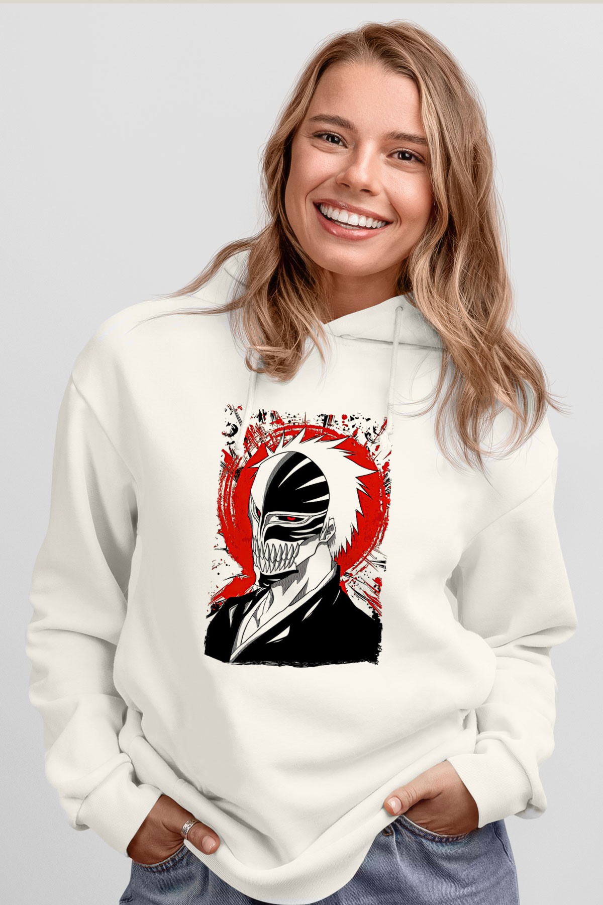 Bleach Baskılı Beyaz Unisex Hoodie