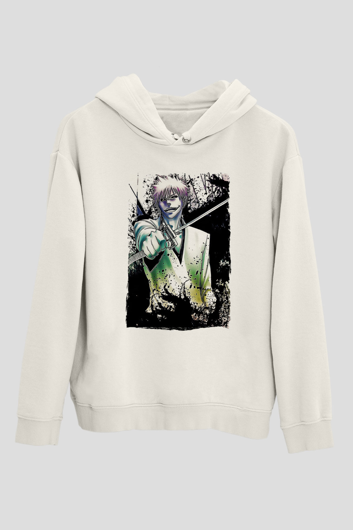 Bleach Baskılı Beyaz Unisex Hoodie
