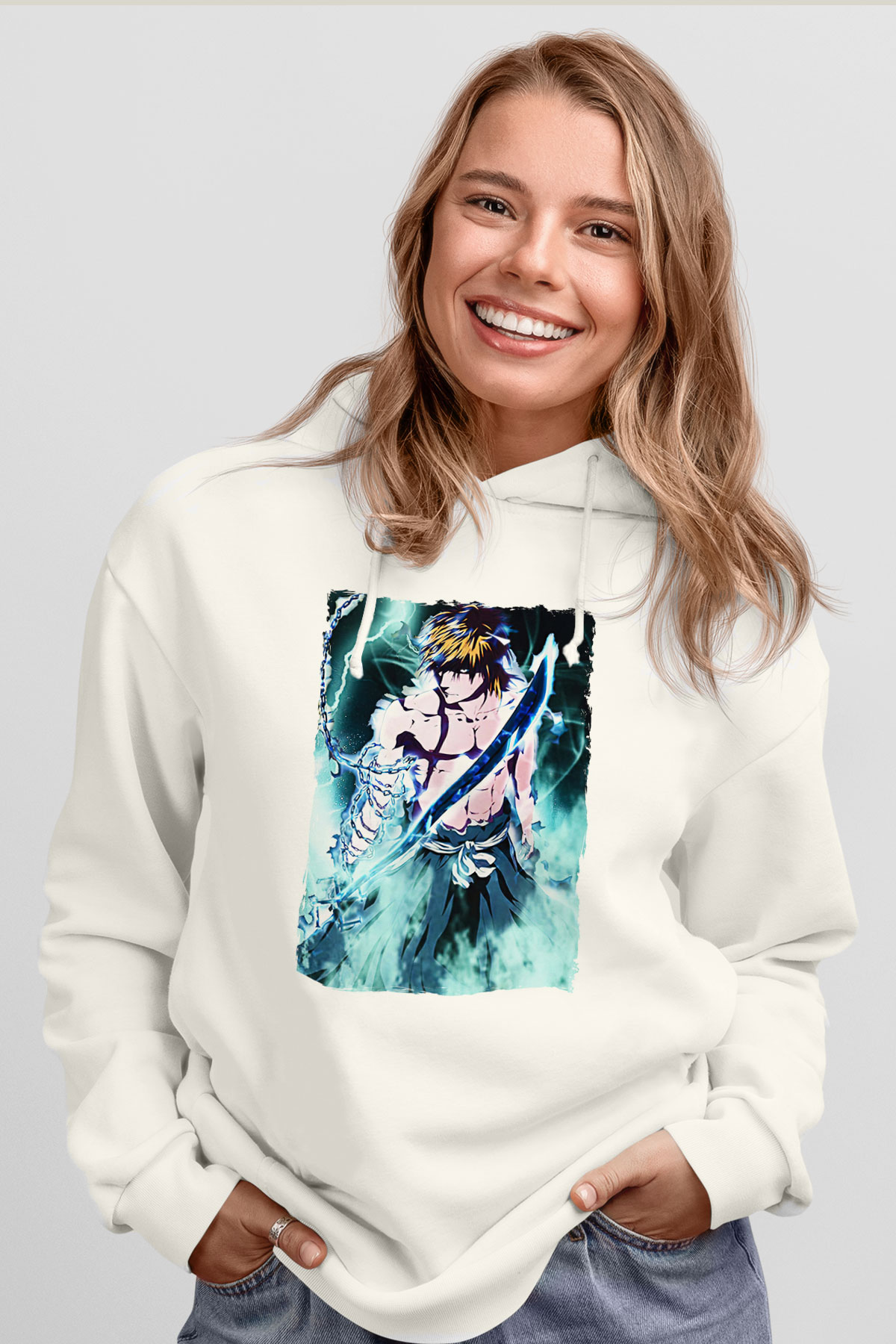 Bleach Baskılı Beyaz Unisex Hoodie