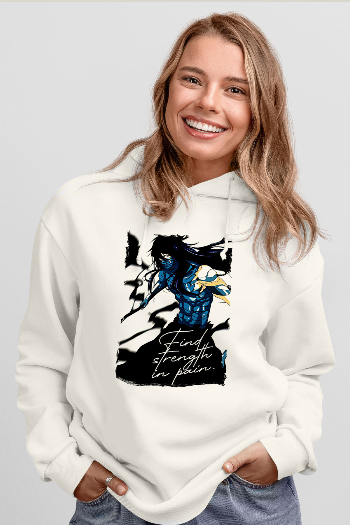 Bleach Baskılı Beyaz Unisex Hoodie