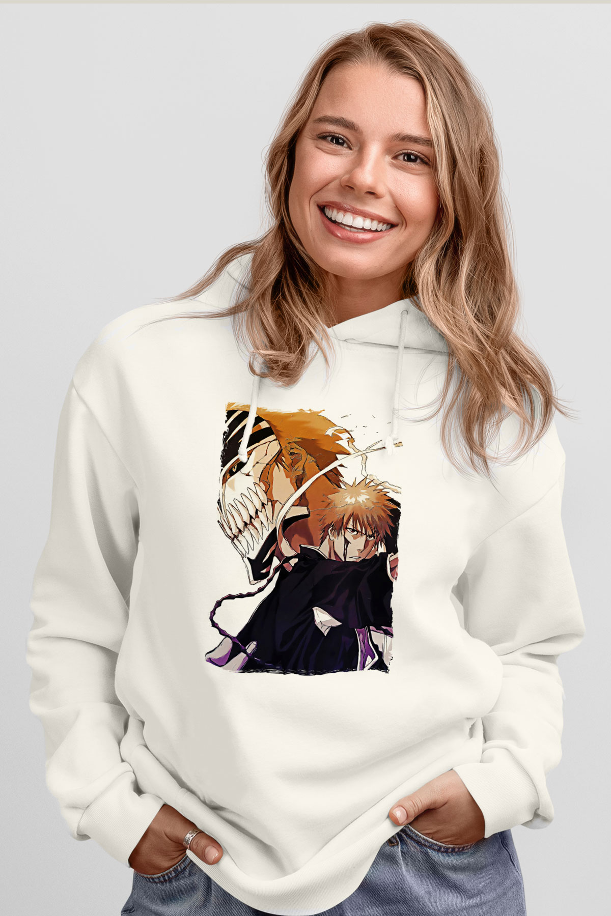Bleach Baskılı Beyaz Unisex Hoodie
