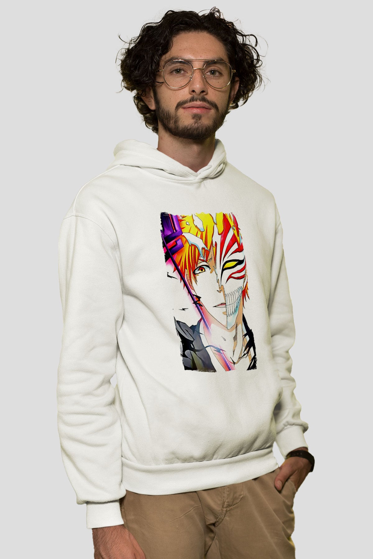 Bleach Baskılı Beyaz Unisex Hoodie