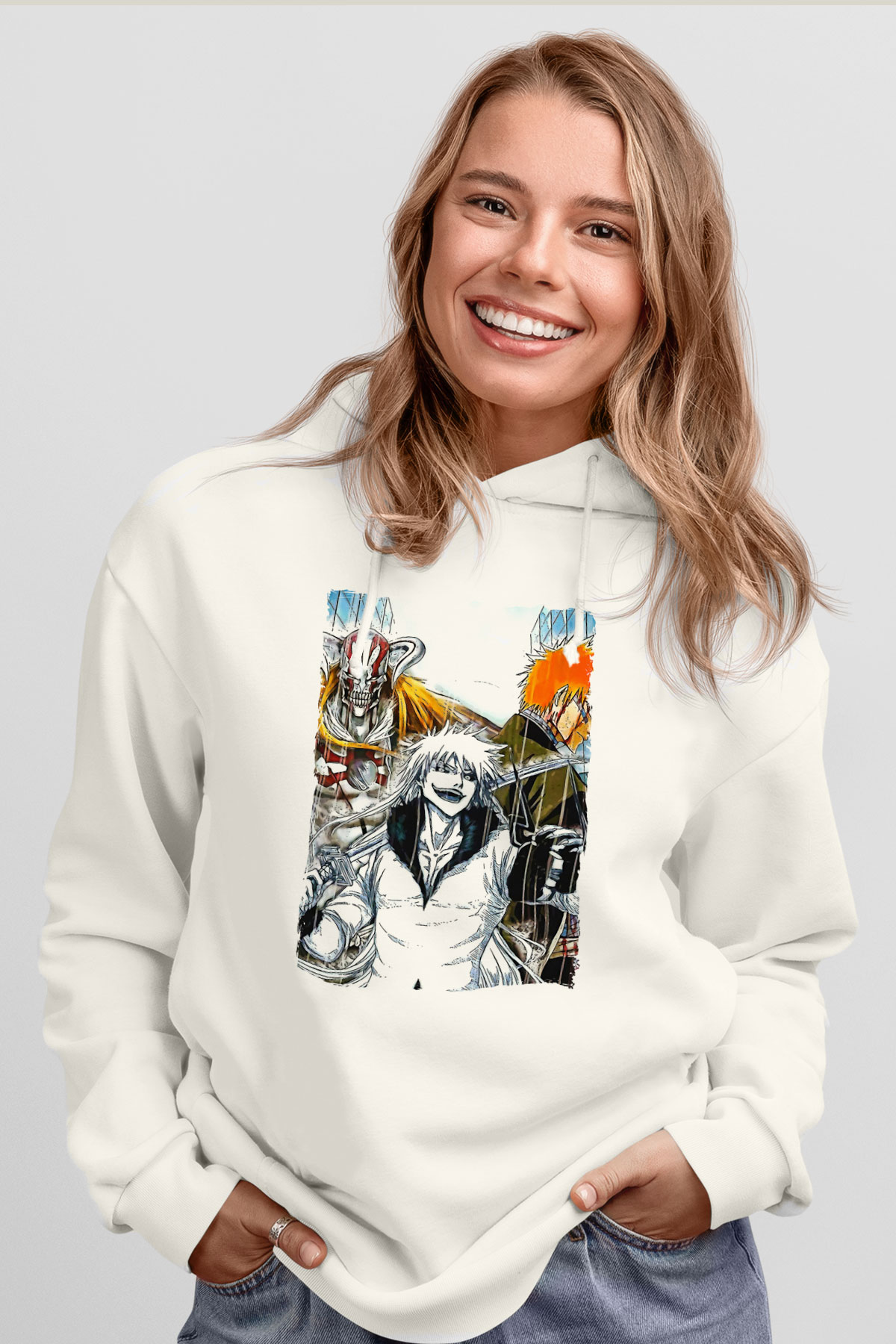 Bleach Baskılı Beyaz Unisex Hoodie