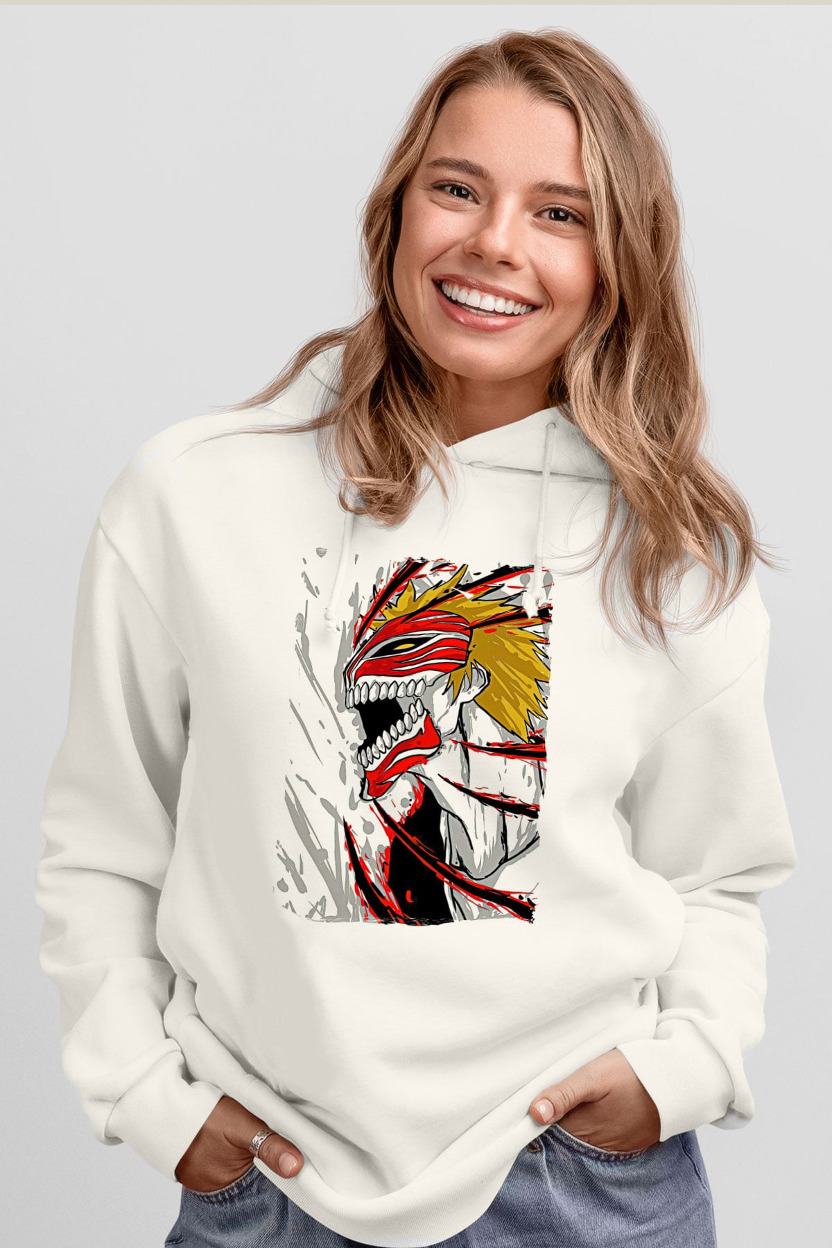 Bleach Baskılı Beyaz Unisex Hoodie