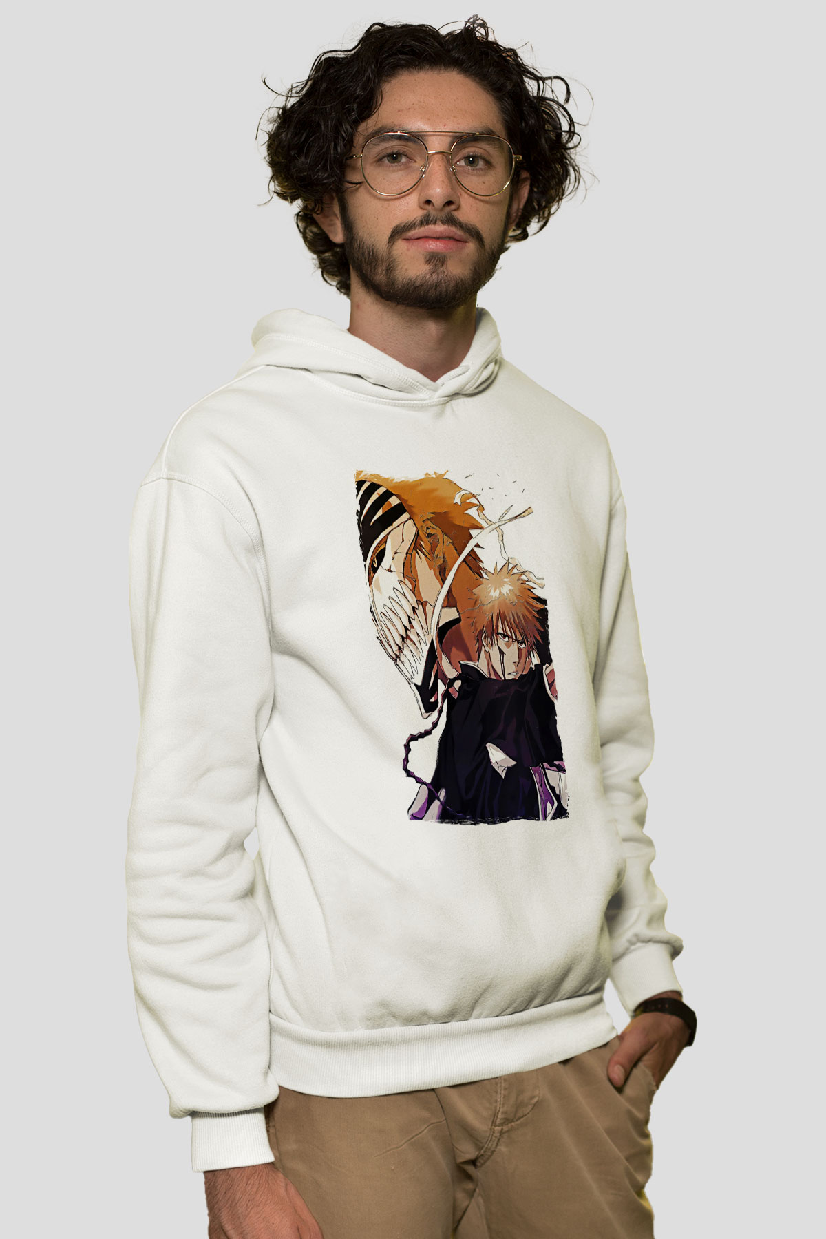 Bleach Baskılı Beyaz Unisex Hoodie