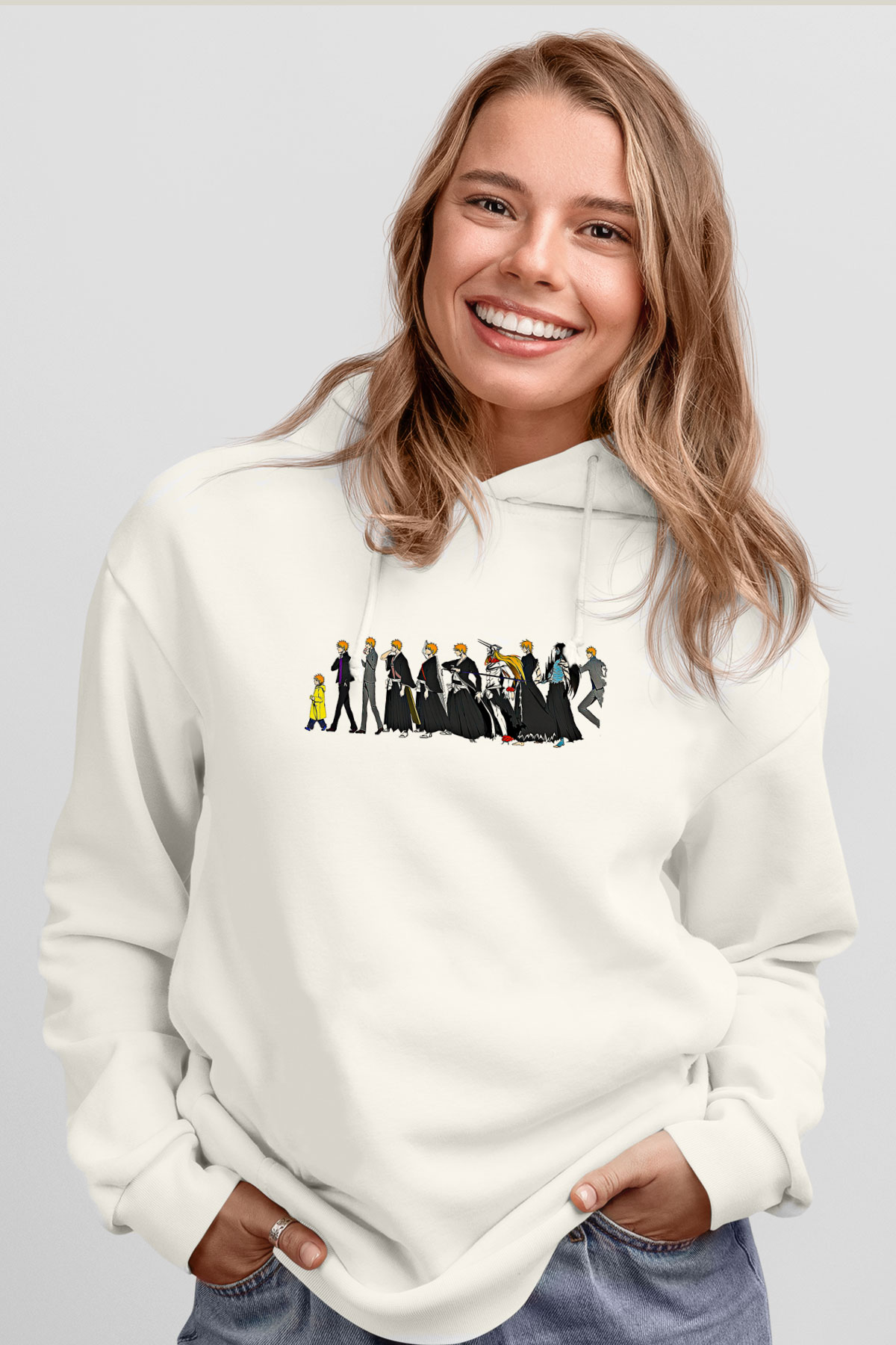Bleach Baskılı Beyaz Unisex Hoodie
