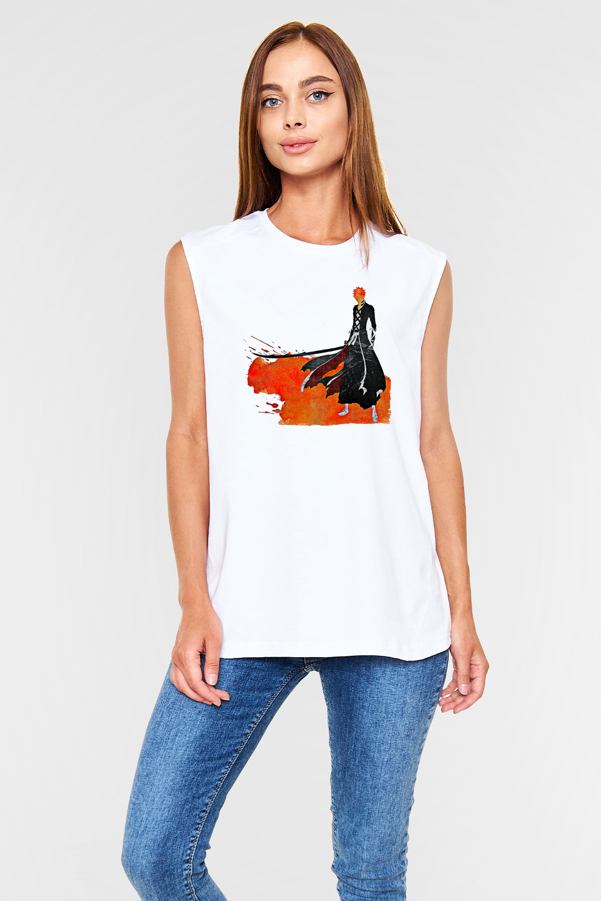 Bleach Baskılı Beyaz Unisex Kolsuz Tişört - Tshirt