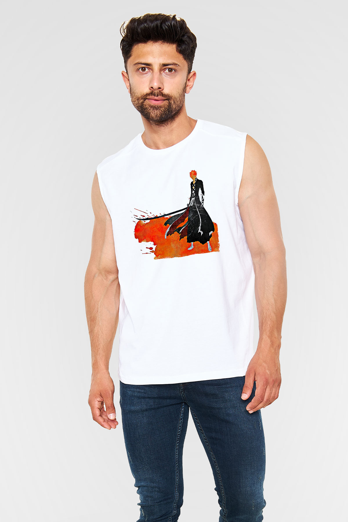 Bleach Baskılı Beyaz Unisex Kolsuz Tişört - Tshirt