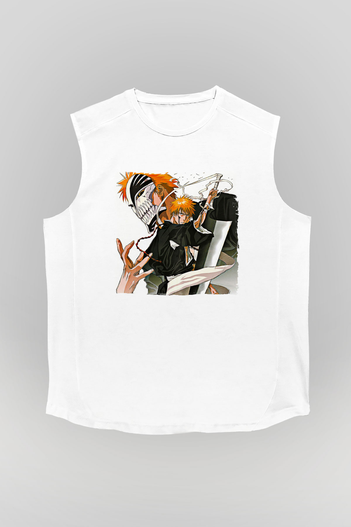 Bleach Baskılı Beyaz Unisex Kolsuz Tişört - Tshirt