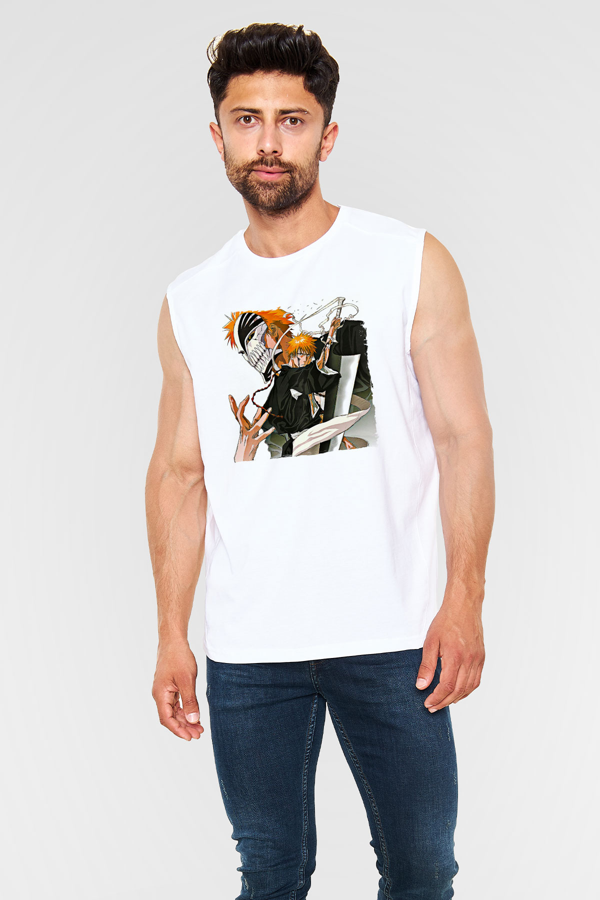Bleach Baskılı Beyaz Unisex Kolsuz Tişört - Tshirt