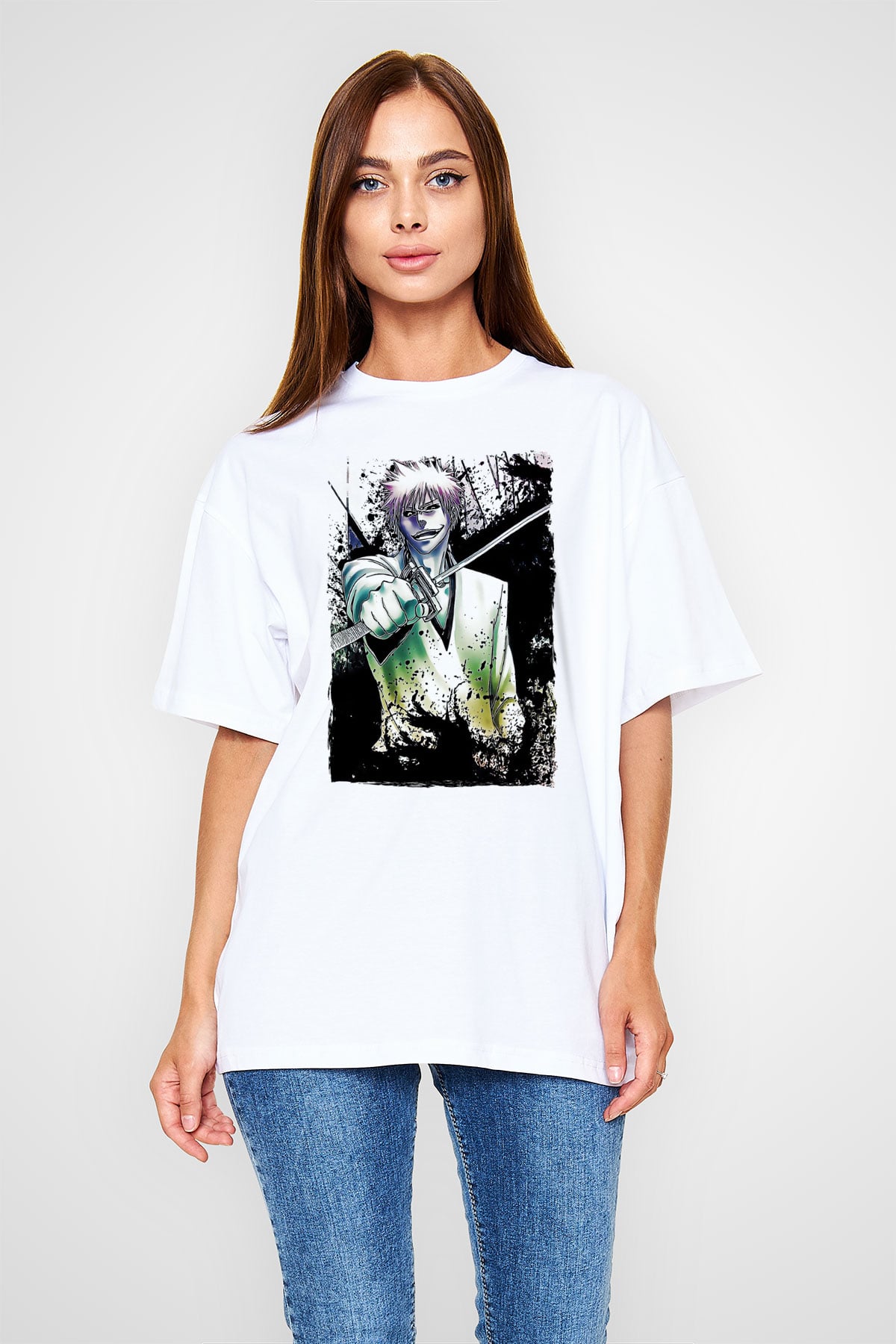 Bleach Baskılı Beyaz Unisex Oversize Tişört - Tshirt