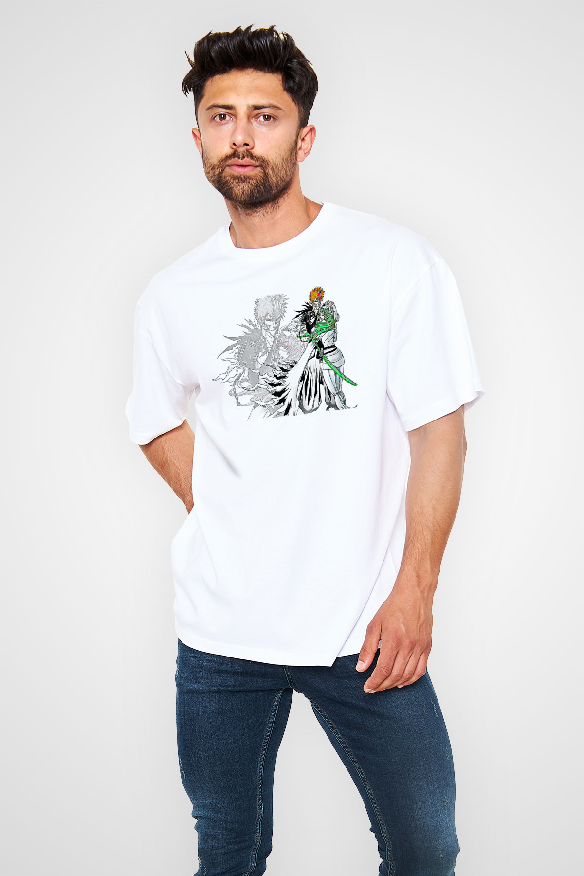 Bleach Baskılı Beyaz Unisex Oversize Tişört - Tshirt