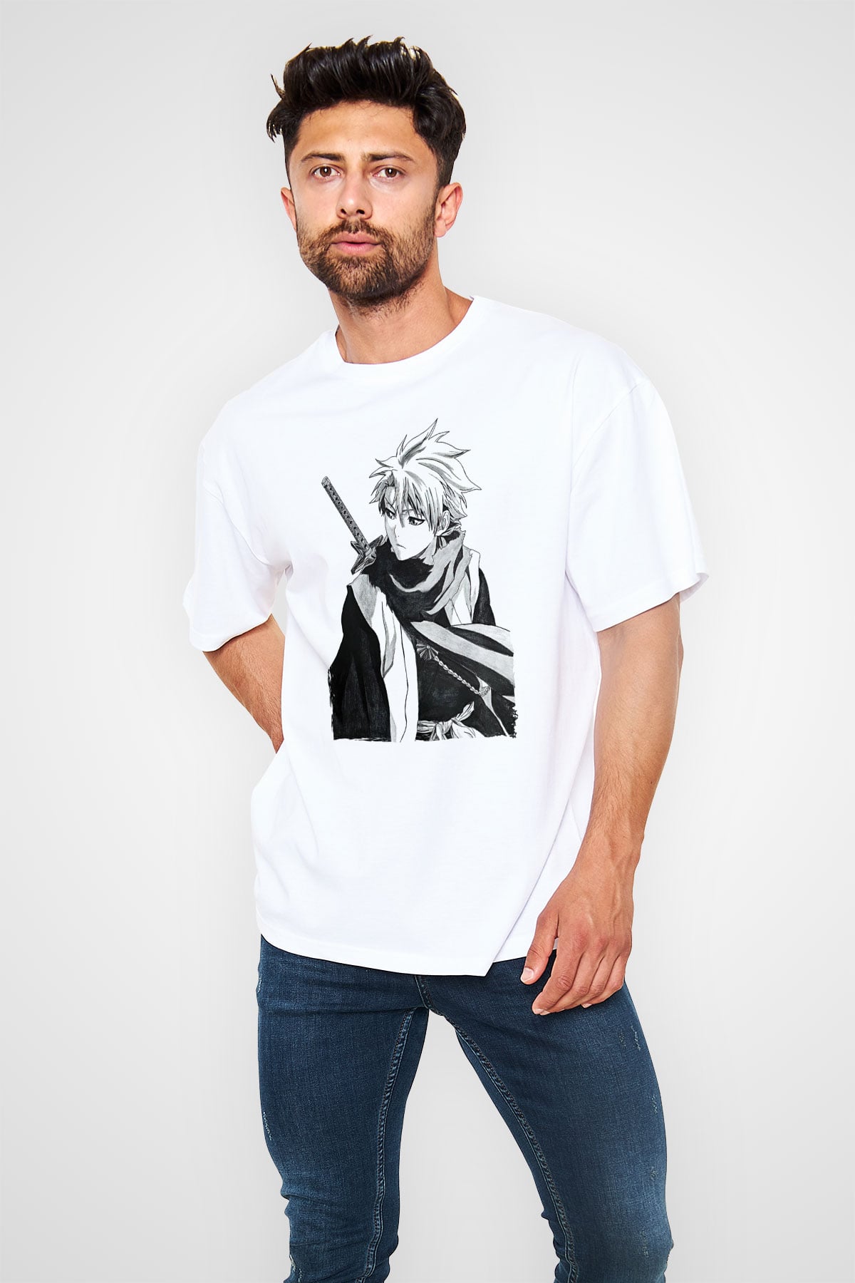 Bleach Baskılı Beyaz Unisex Oversize Tişört - Tshirt