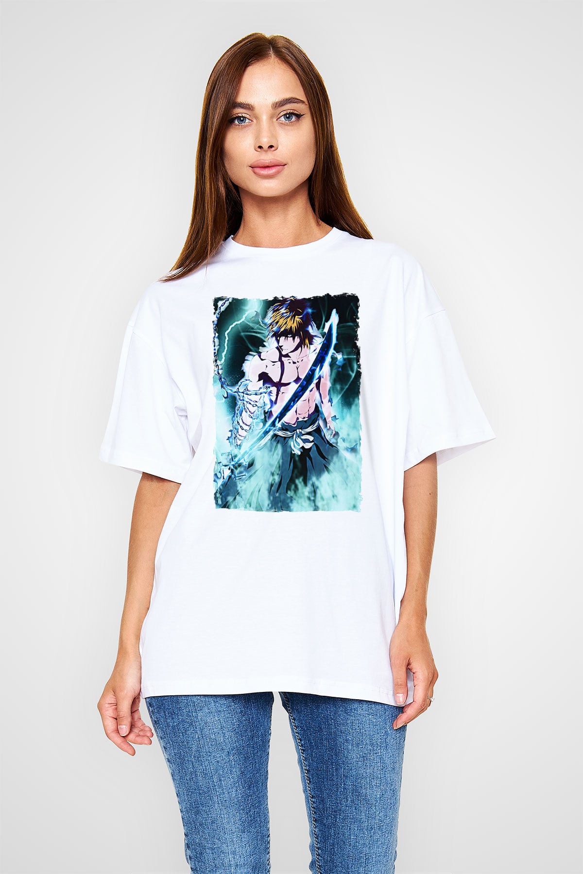 Bleach Baskılı Beyaz Unisex Oversize Tişört - Tshirt