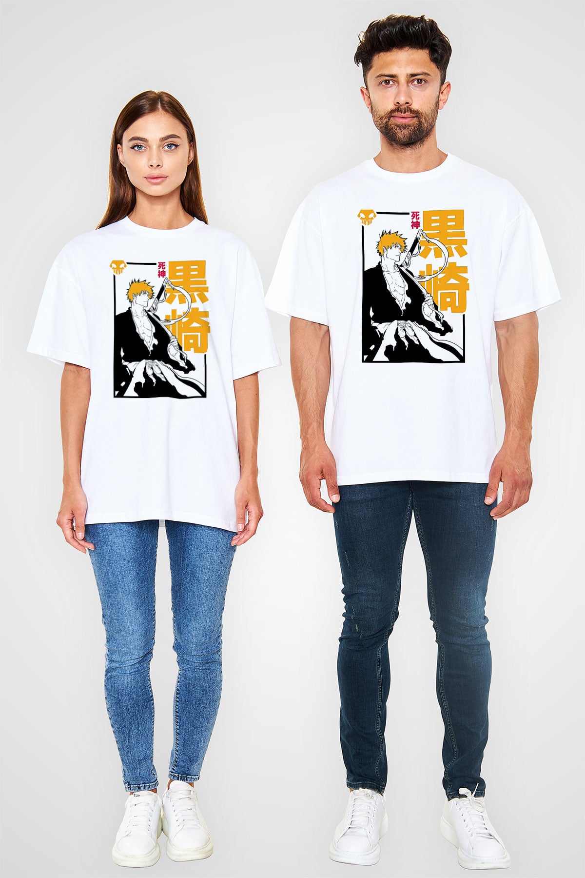 Bleach Baskılı Beyaz Unisex Oversize Tişört - Tshirt