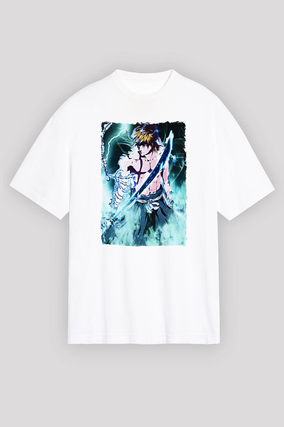 Bleach Baskılı Beyaz Unisex Oversize Tişört - Tshirt