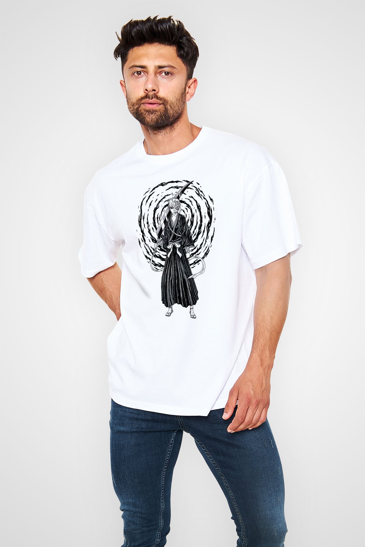 Bleach Baskılı Beyaz Unisex Oversize Tişört - Tshirt