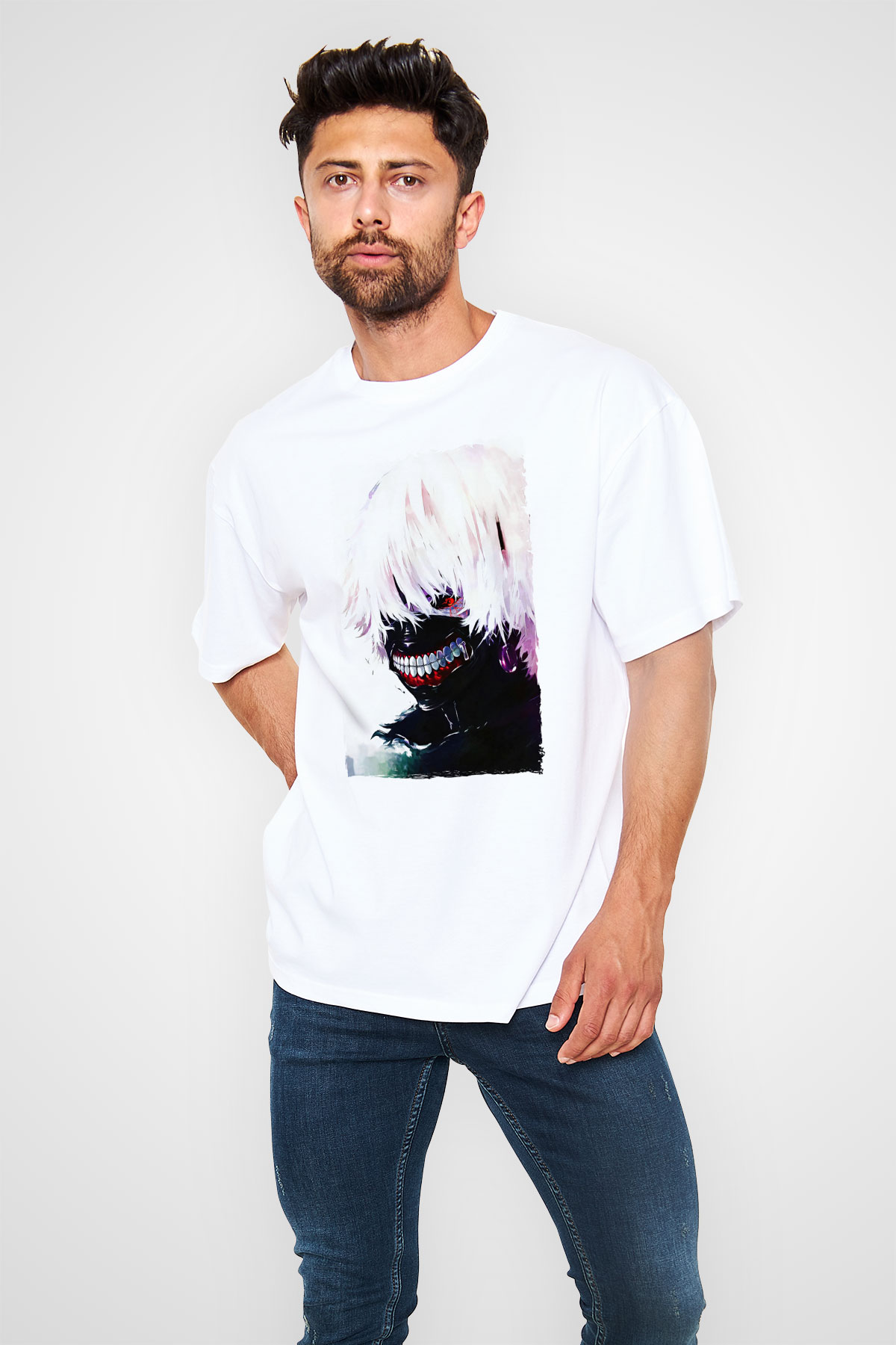 Bleach Baskılı Beyaz Unisex Oversize Tişört - Tshirt
