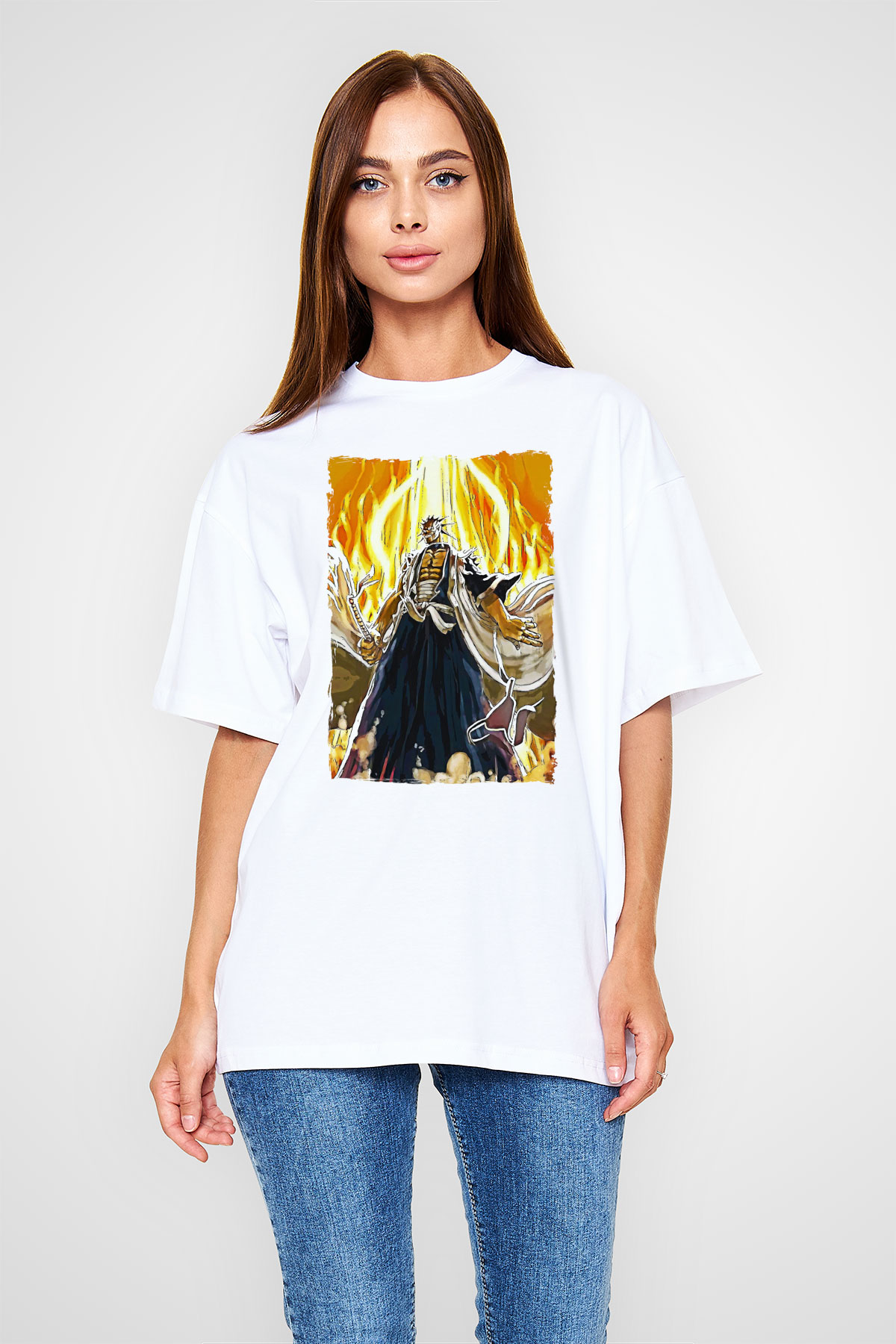 Bleach Baskılı Beyaz Unisex Oversize Tişört - Tshirt
