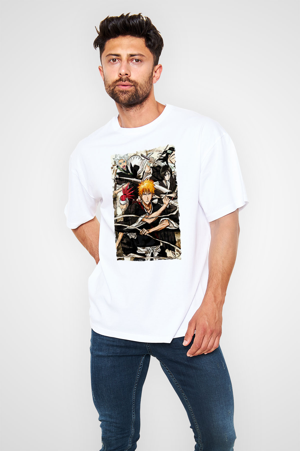 Bleach Baskılı Beyaz Unisex Oversize Tişört - Tshirt