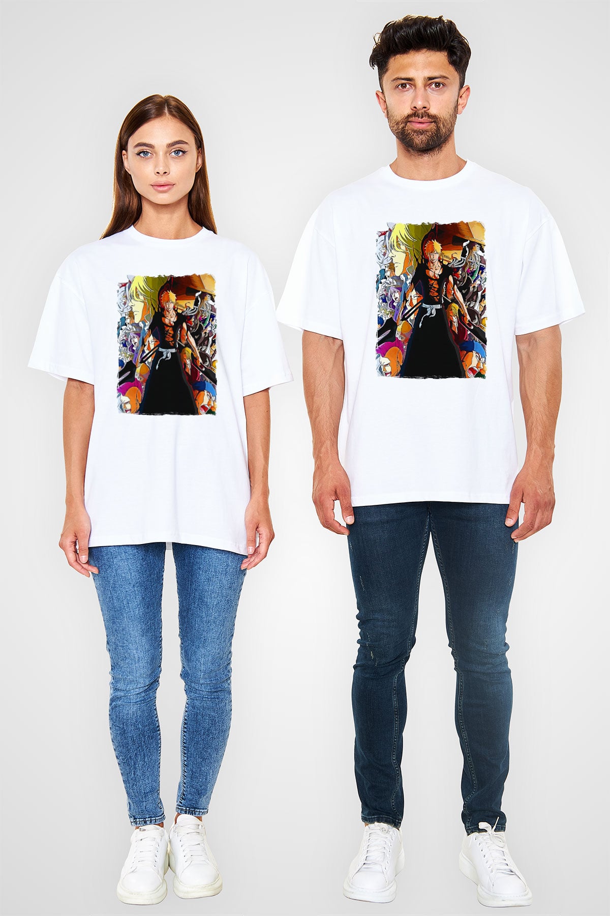 Bleach Baskılı Beyaz Unisex Oversize Tişört - Tshirt