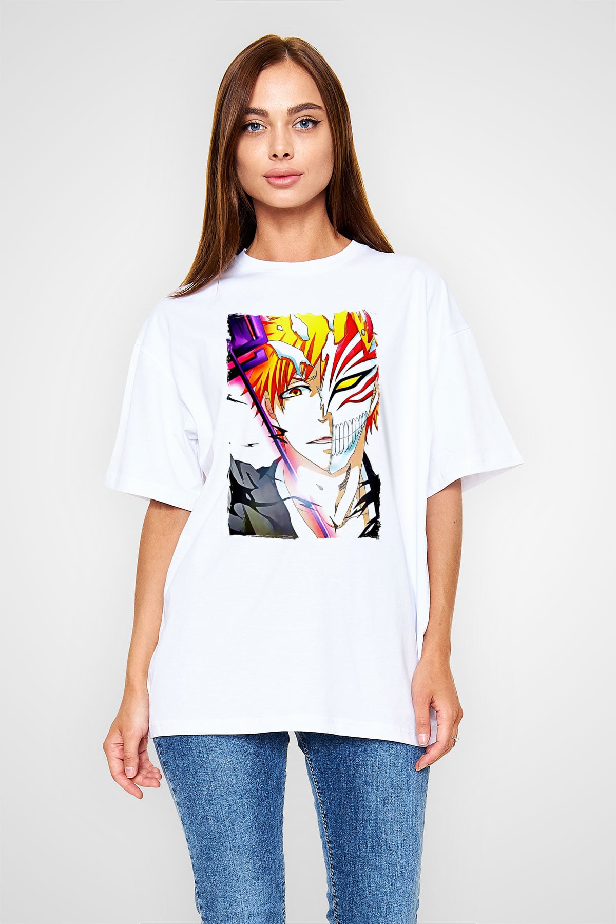 Bleach Baskılı Beyaz Unisex Oversize Tişört - Tshirt