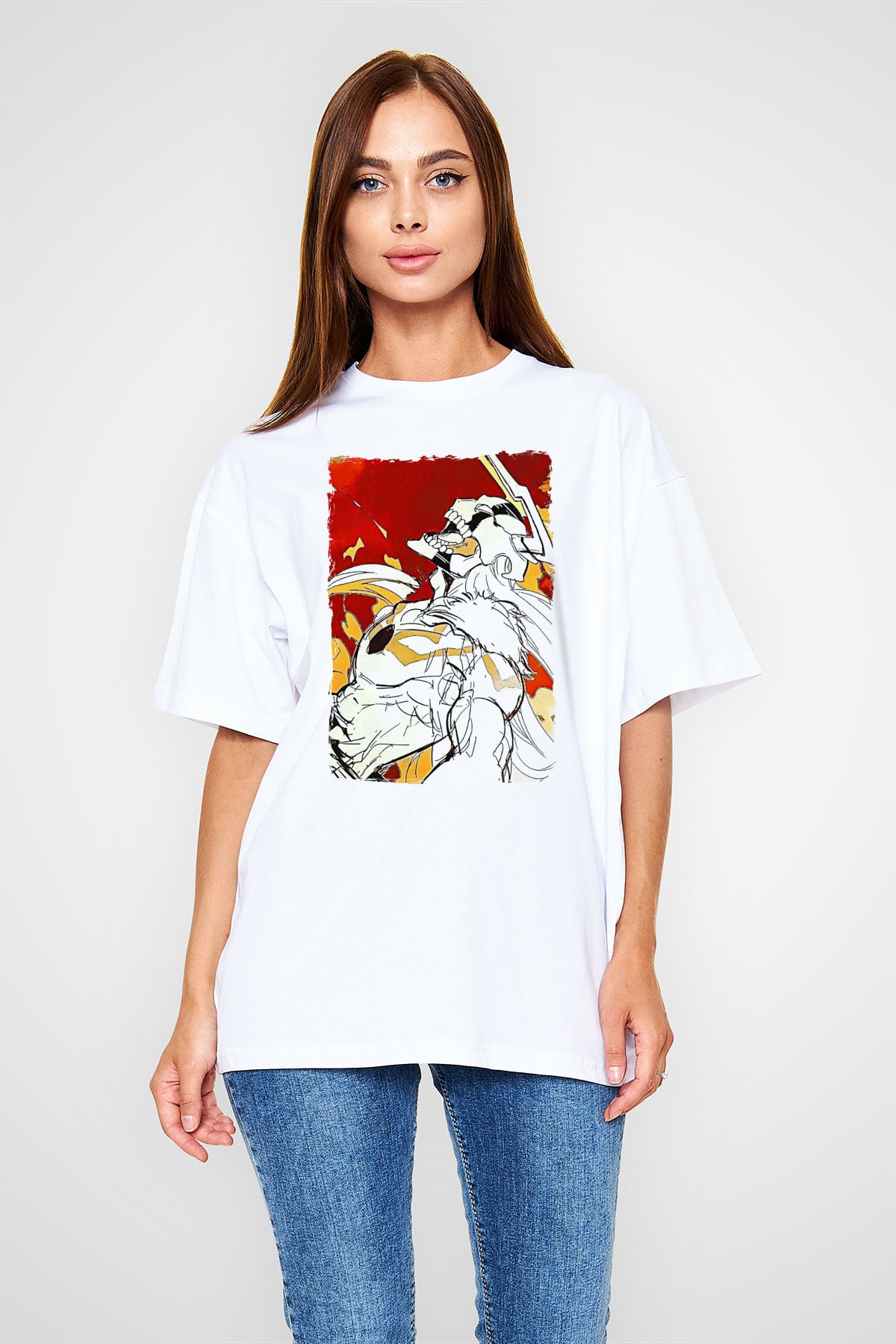 Bleach Baskılı Beyaz Unisex Oversize Tişört - Tshirt