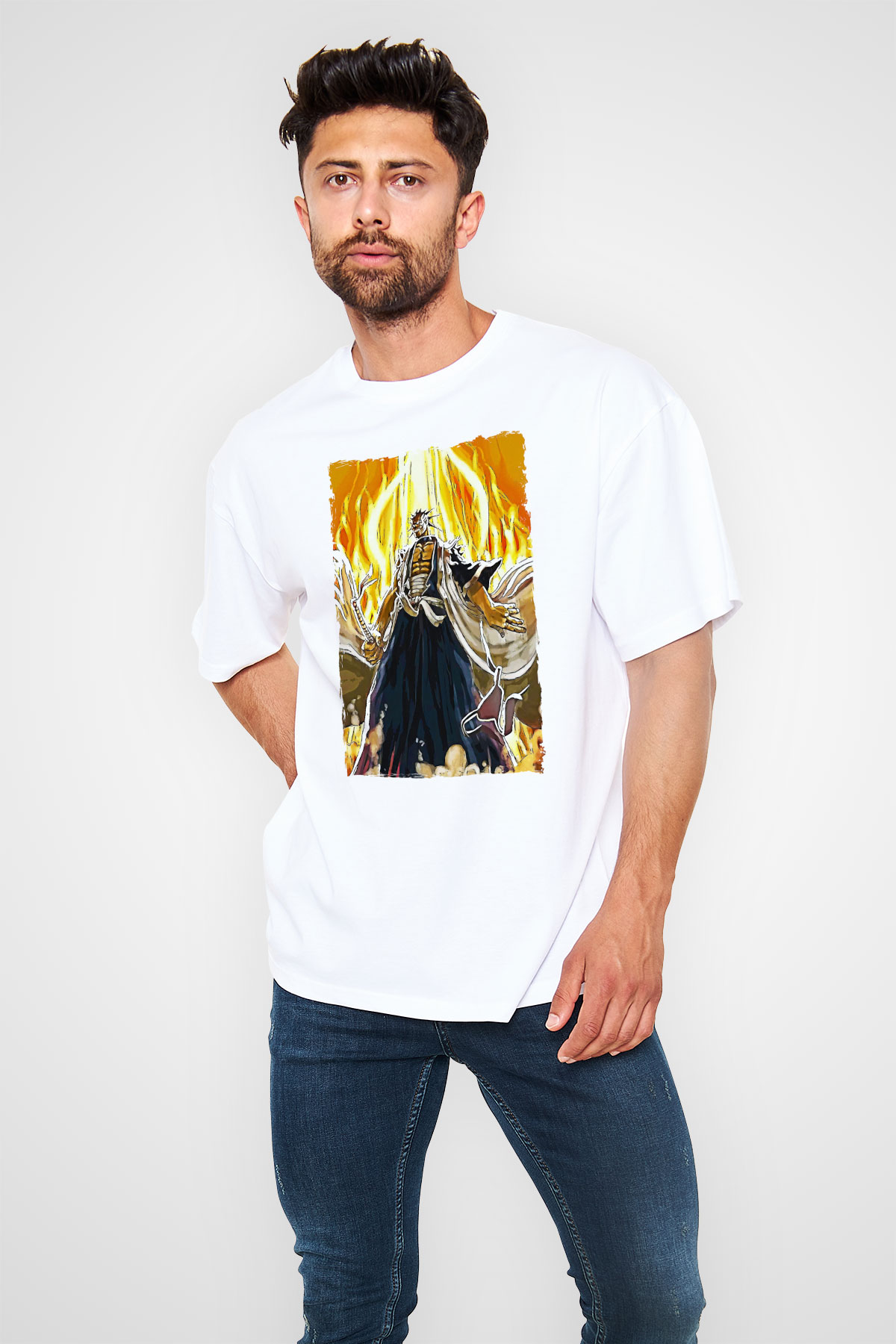 Bleach Baskılı Beyaz Unisex Oversize Tişört - Tshirt