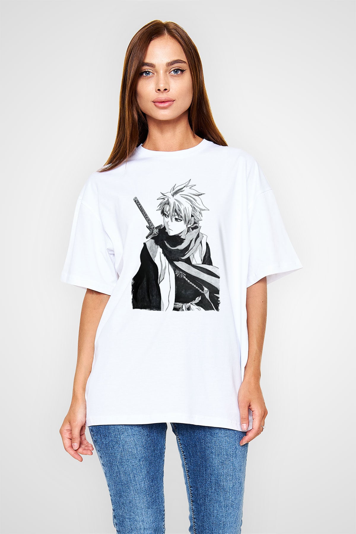 Bleach Baskılı Beyaz Unisex Oversize Tişört - Tshirt