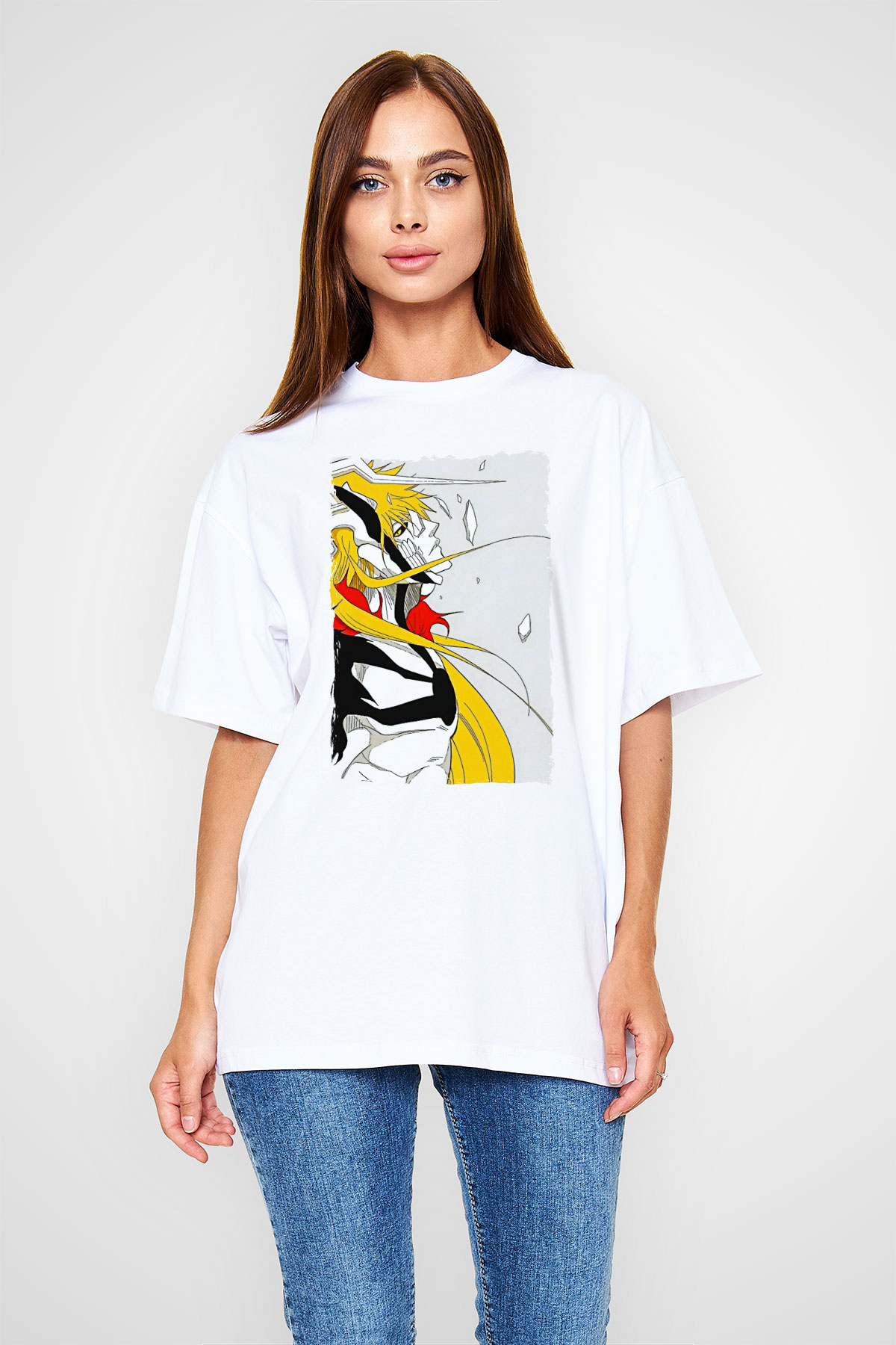 Bleach Baskılı Beyaz Unisex Oversize Tişört - Tshirt