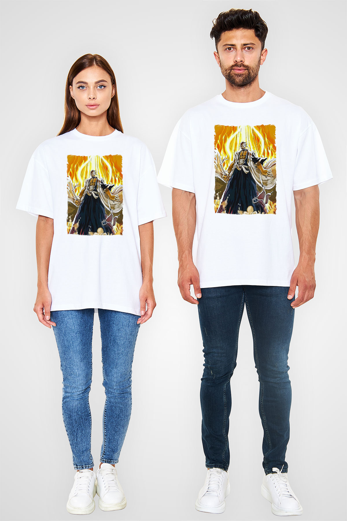 Bleach Baskılı Beyaz Unisex Oversize Tişört - Tshirt