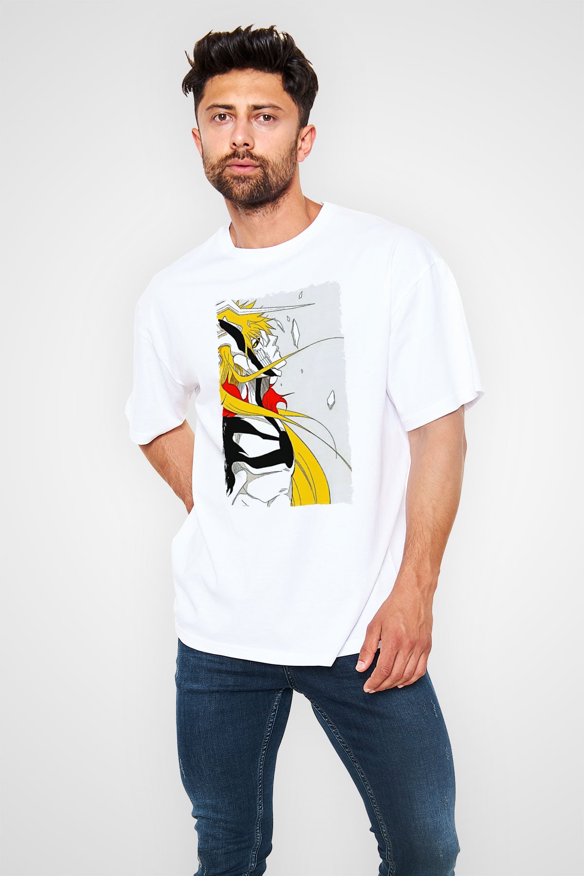 Bleach Baskılı Beyaz Unisex Oversize Tişört - Tshirt