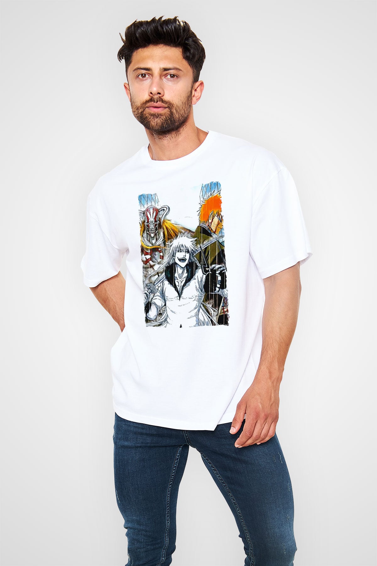 Bleach Baskılı Beyaz Unisex Oversize Tişört - Tshirt