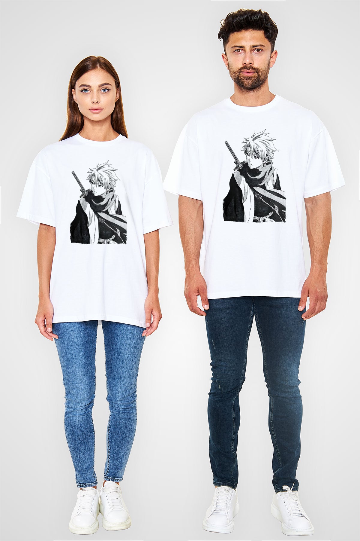 Bleach Baskılı Beyaz Unisex Oversize Tişört - Tshirt
