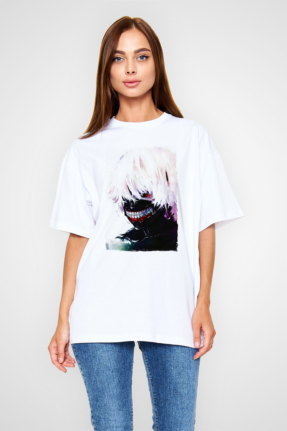 Bleach Baskılı Beyaz Unisex Oversize Tişört - Tshirt