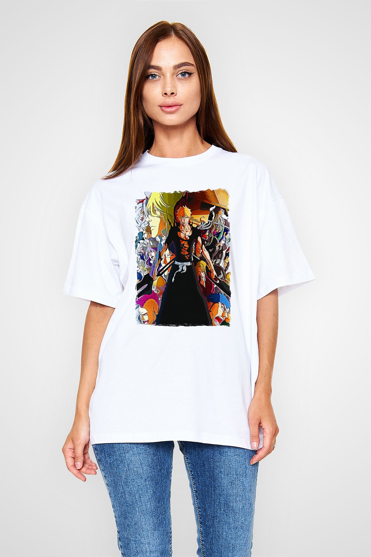 Bleach Baskılı Beyaz Unisex Oversize Tişört - Tshirt