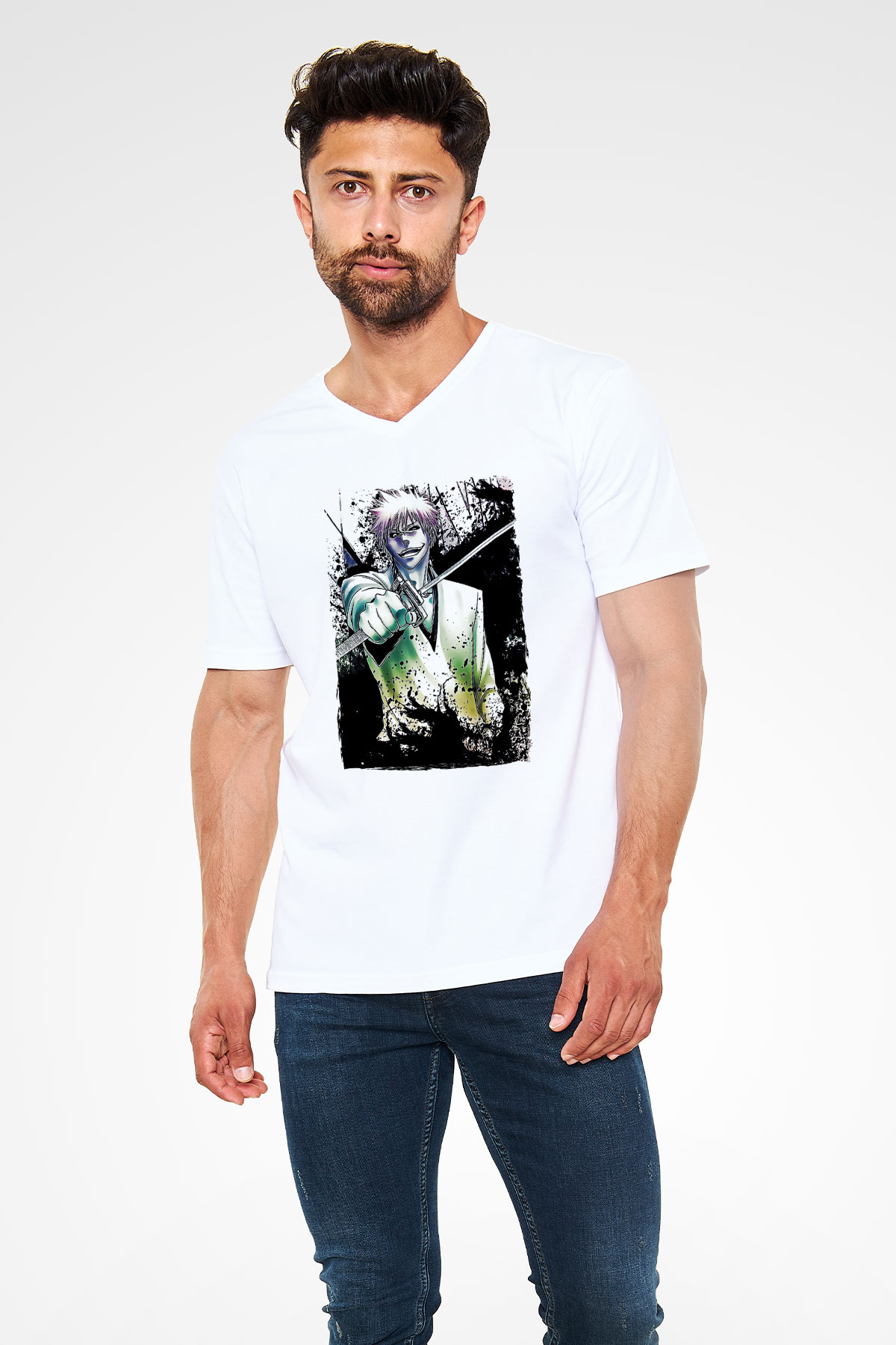 Bleach Baskılı Beyaz Unisex V Yaka Tişört - Tshirt