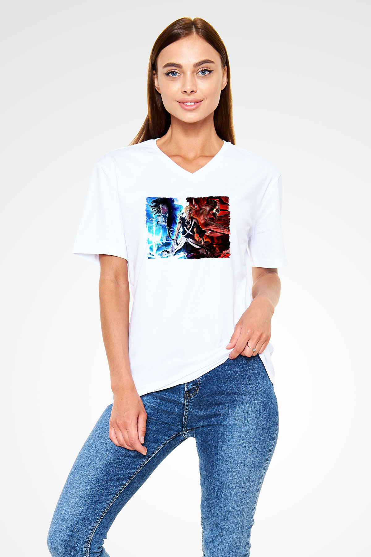 Bleach Baskılı Beyaz Unisex V Yaka Tişört - Tshirt
