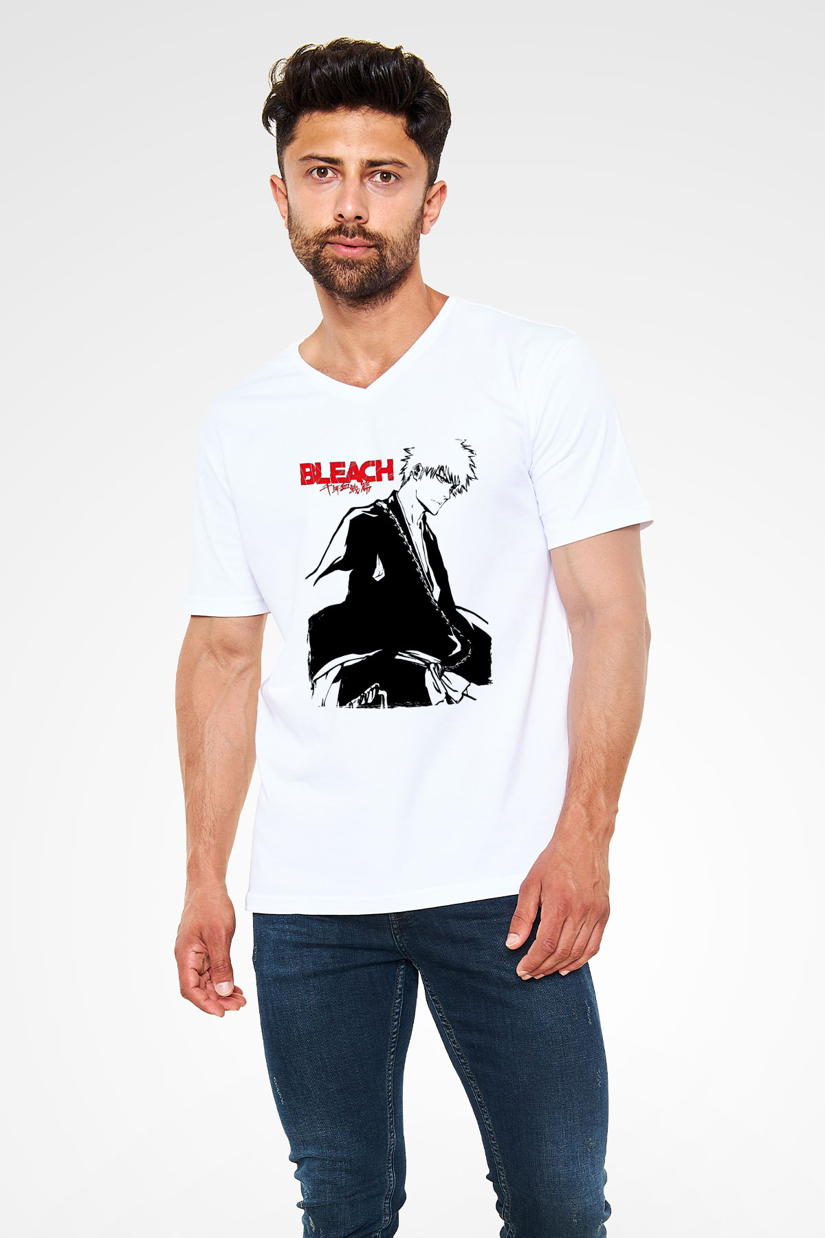 Bleach Baskılı Beyaz Unisex V Yaka Tişört - Tshirt