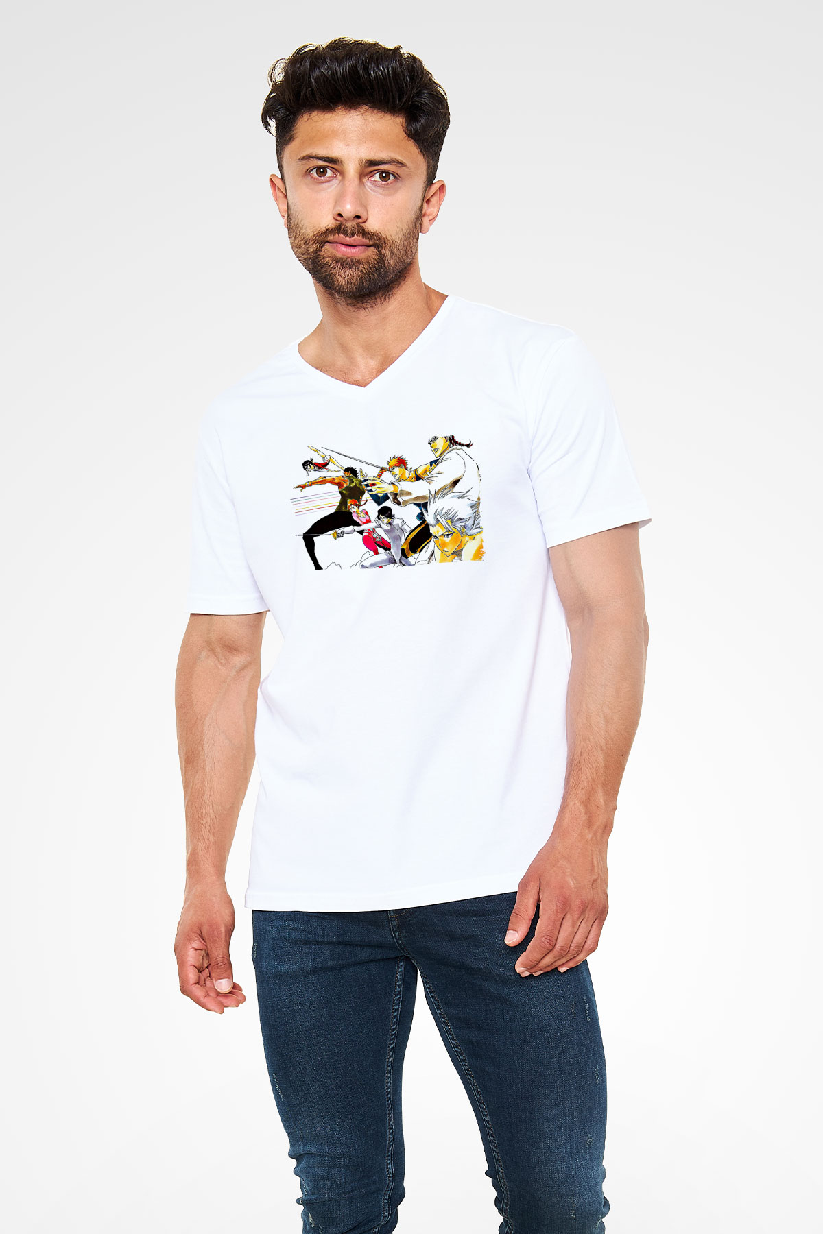 Bleach Baskılı Beyaz Unisex V Yaka Tişört - Tshirt