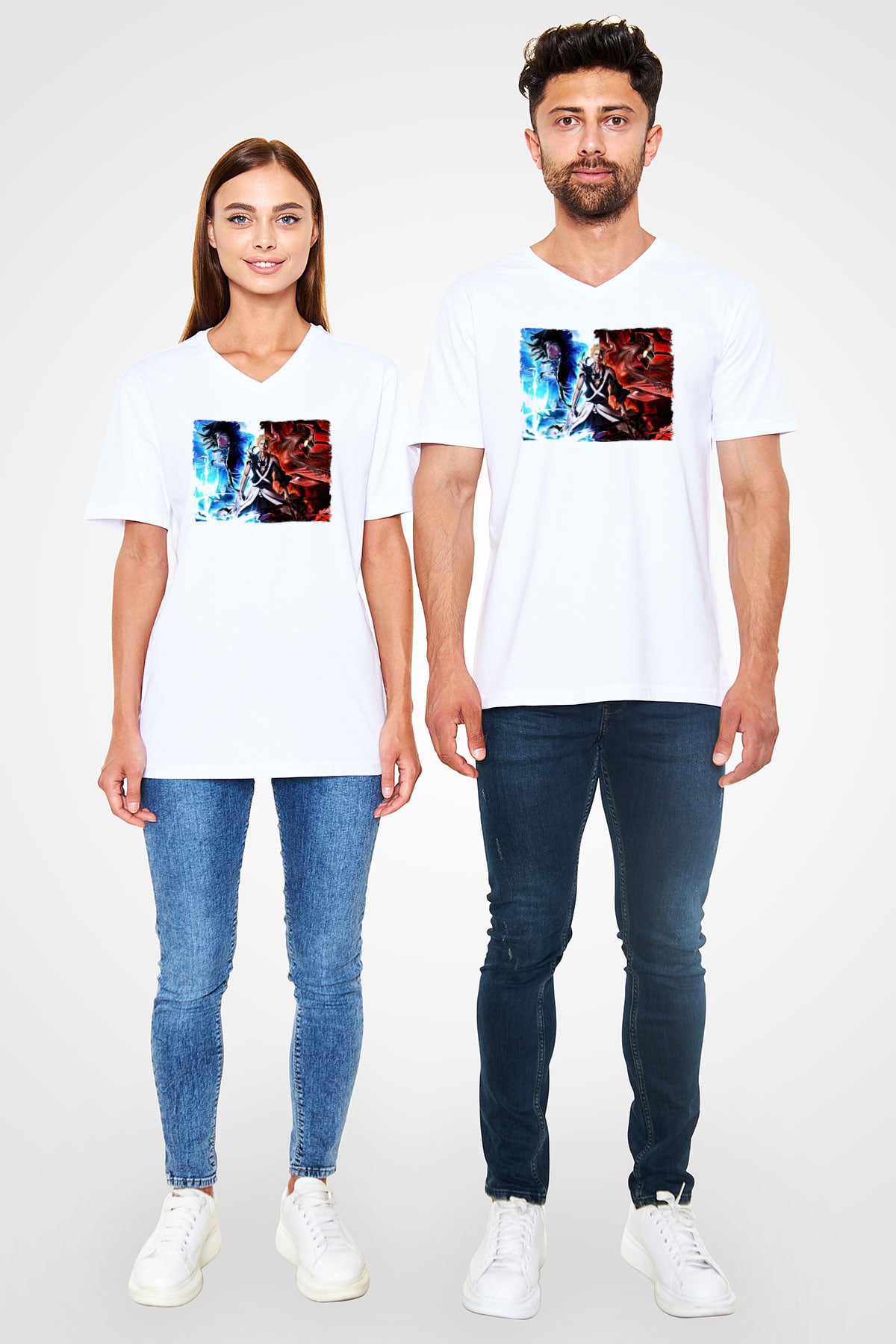 Bleach Baskılı Beyaz Unisex V Yaka Tişört - Tshirt