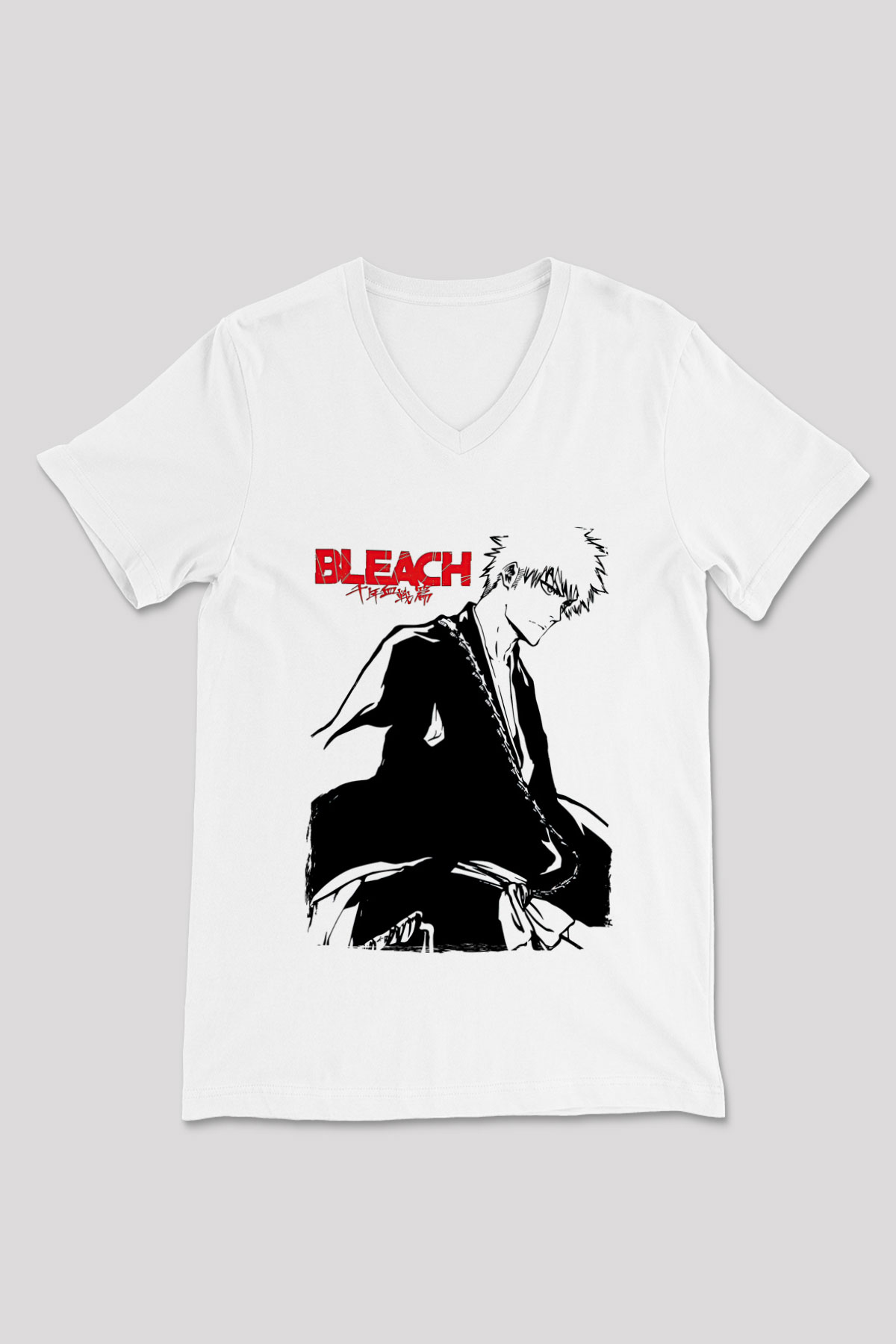 Bleach Baskılı Beyaz Unisex V Yaka Tişört - Tshirt