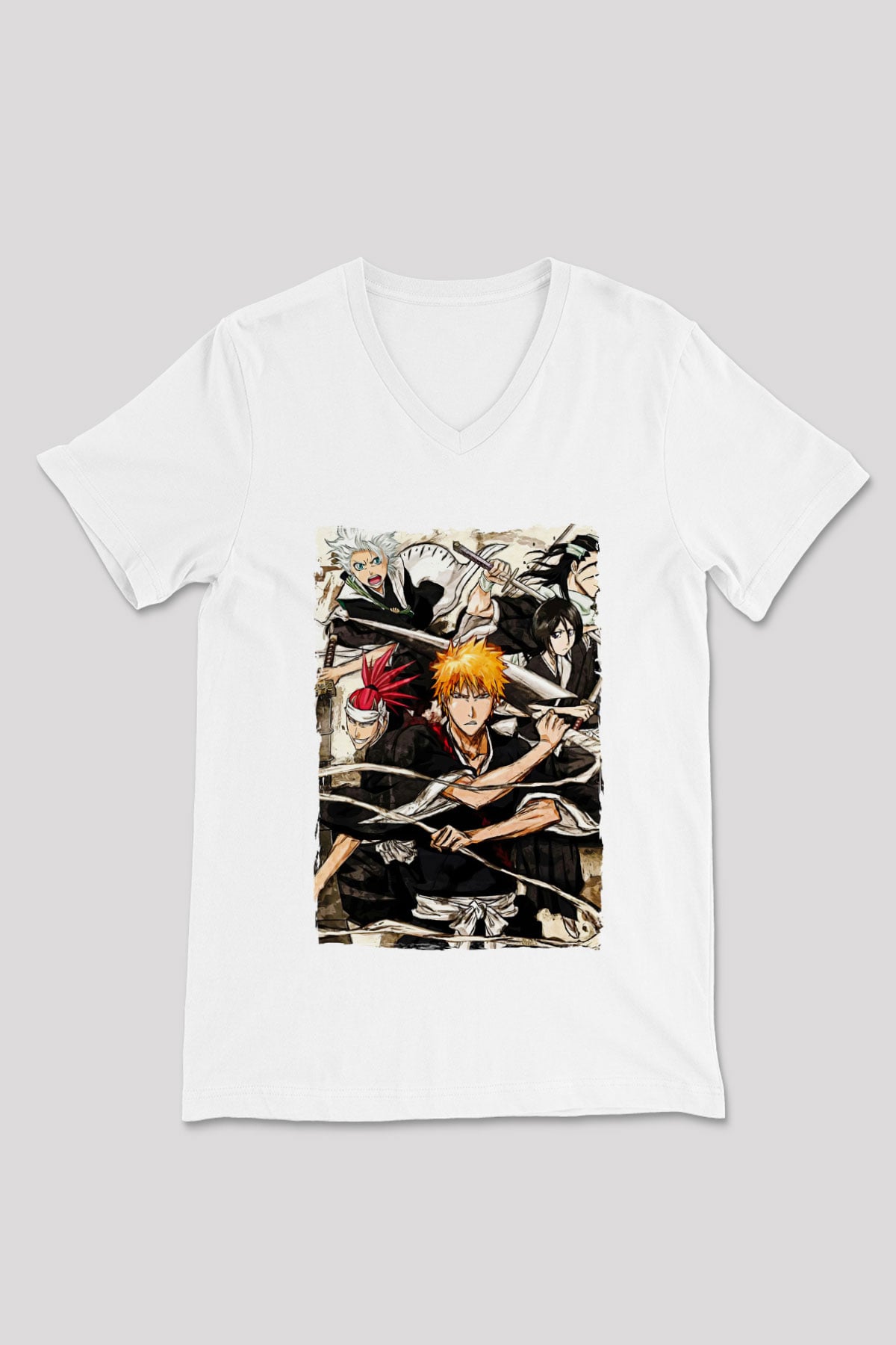 Bleach Baskılı Beyaz Unisex V Yaka Tişört - Tshirt