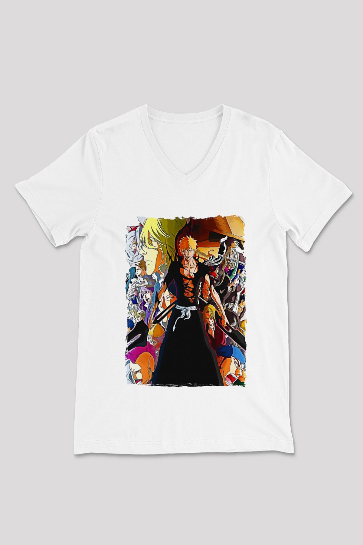 Bleach Baskılı Beyaz Unisex V Yaka Tişört - Tshirt