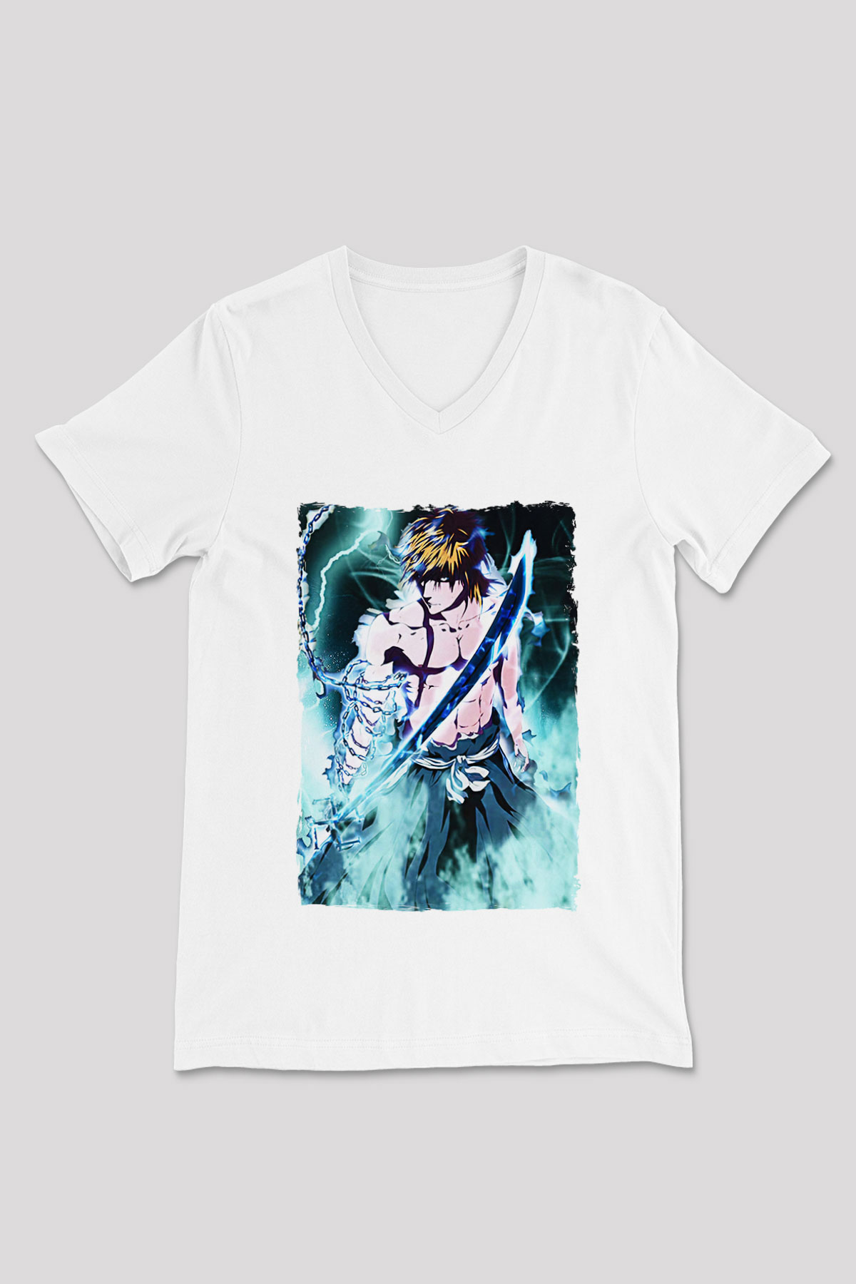 Bleach Baskılı Beyaz Unisex V Yaka Tişört - Tshirt