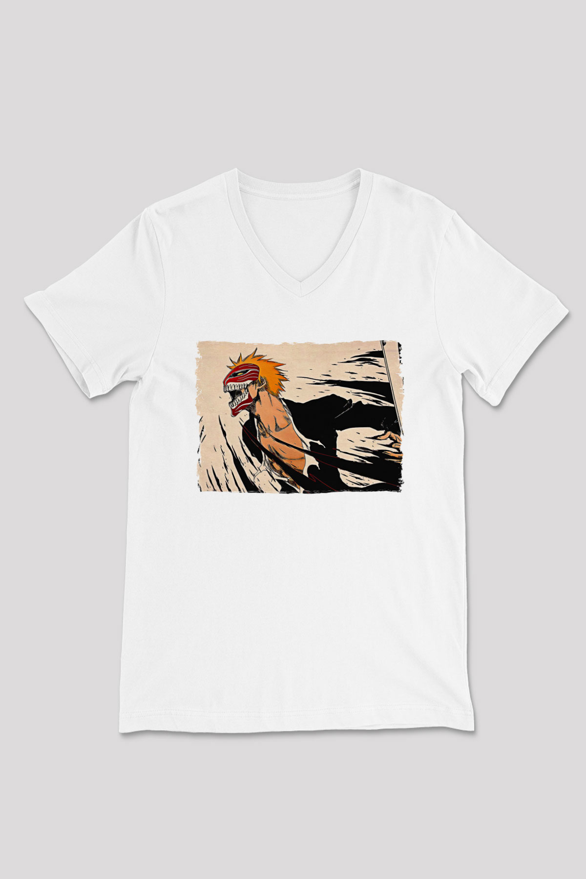 Bleach Baskılı Beyaz Unisex V Yaka Tişört - Tshirt