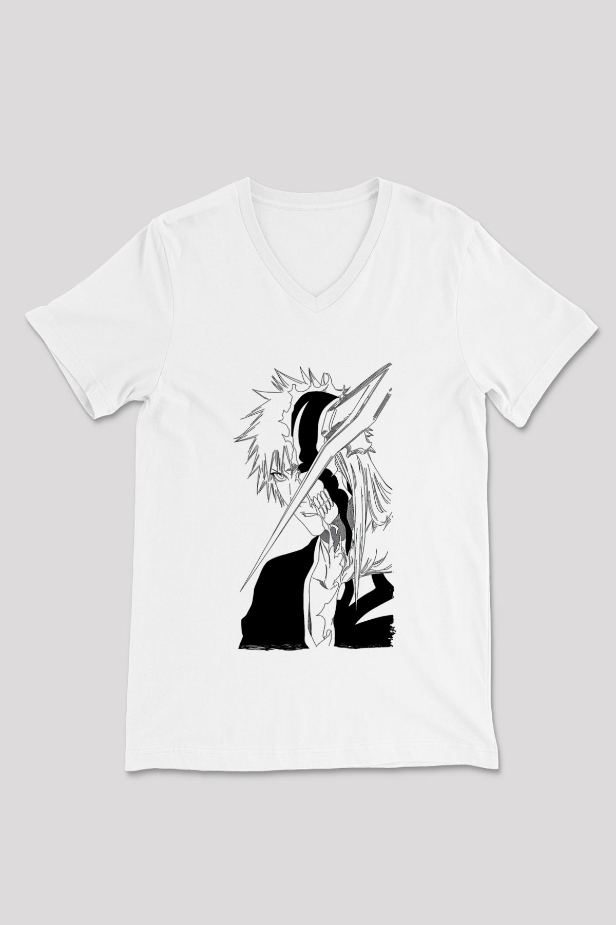 Bleach Baskılı Beyaz Unisex V Yaka Tişört - Tshirt