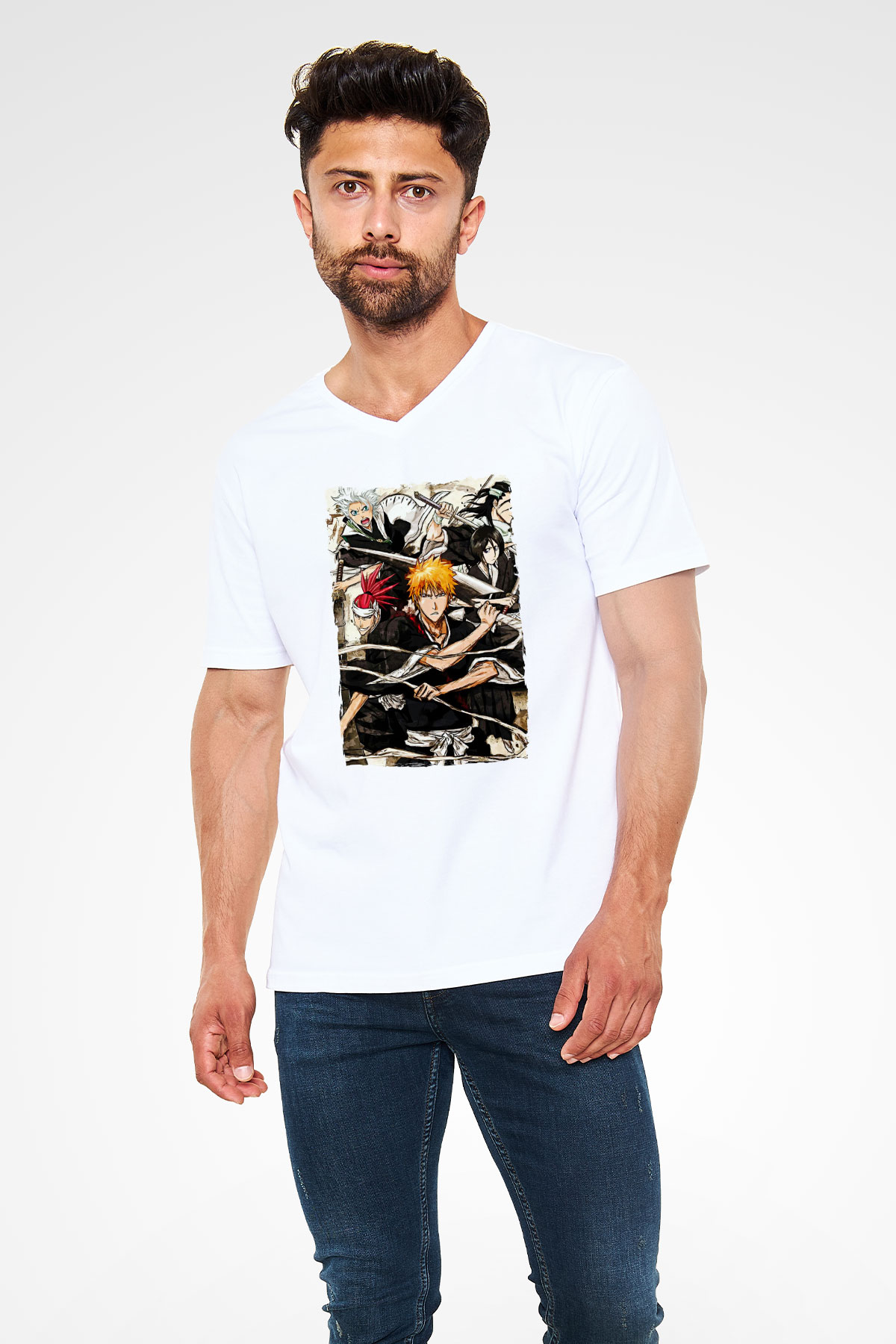 Bleach Baskılı Beyaz Unisex V Yaka Tişört - Tshirt