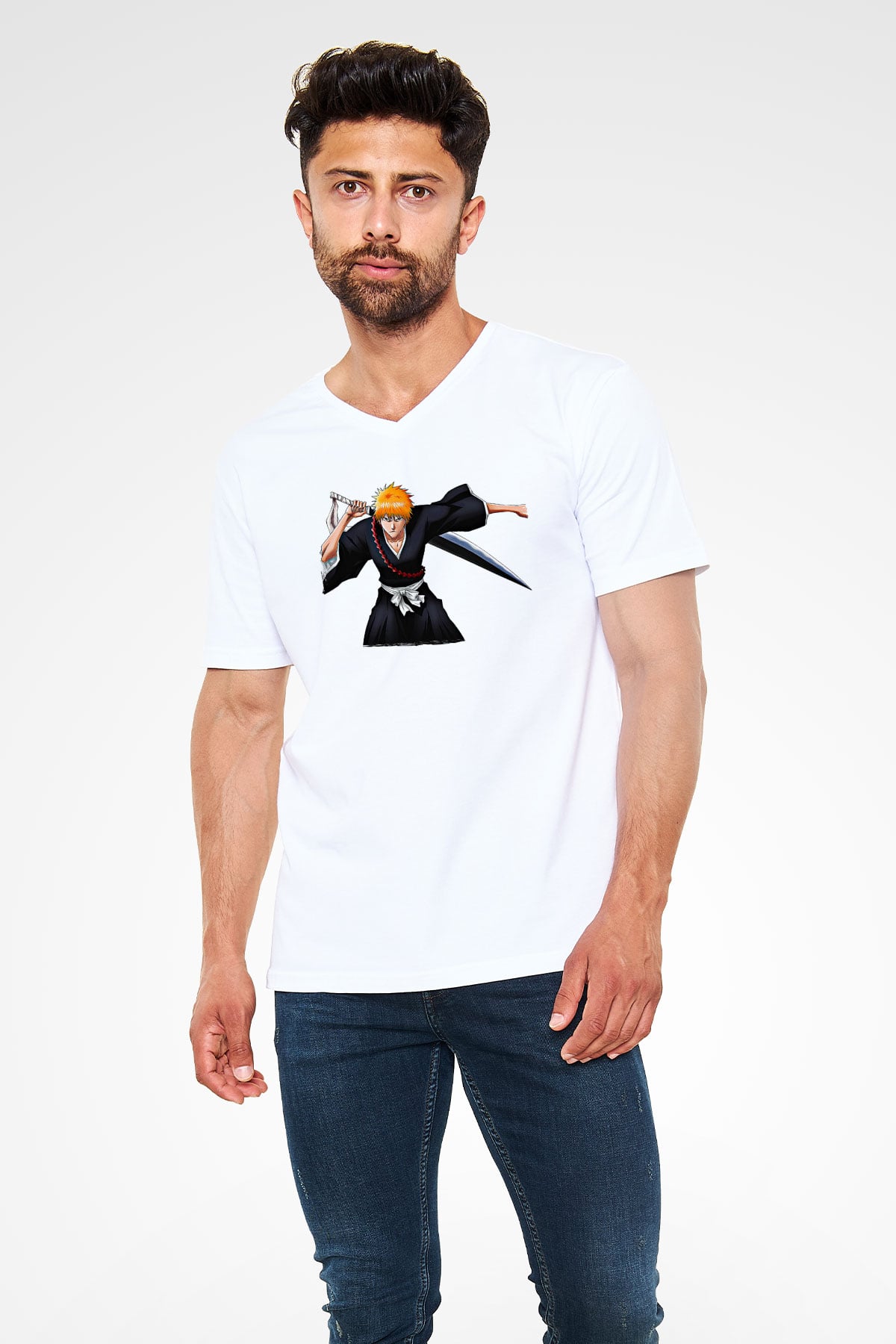 Bleach Baskılı Beyaz Unisex V Yaka Tişört - Tshirt