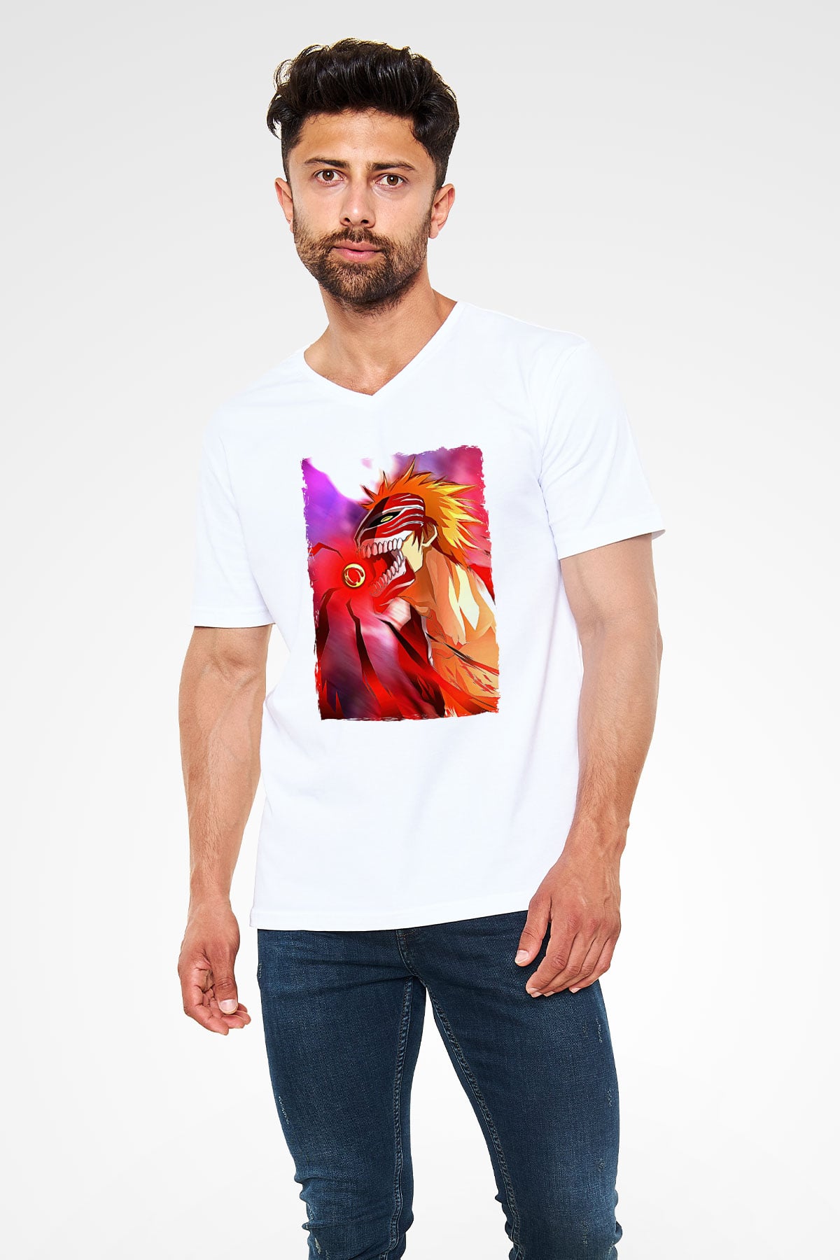 Bleach Baskılı Beyaz Unisex V Yaka Tişört - Tshirt